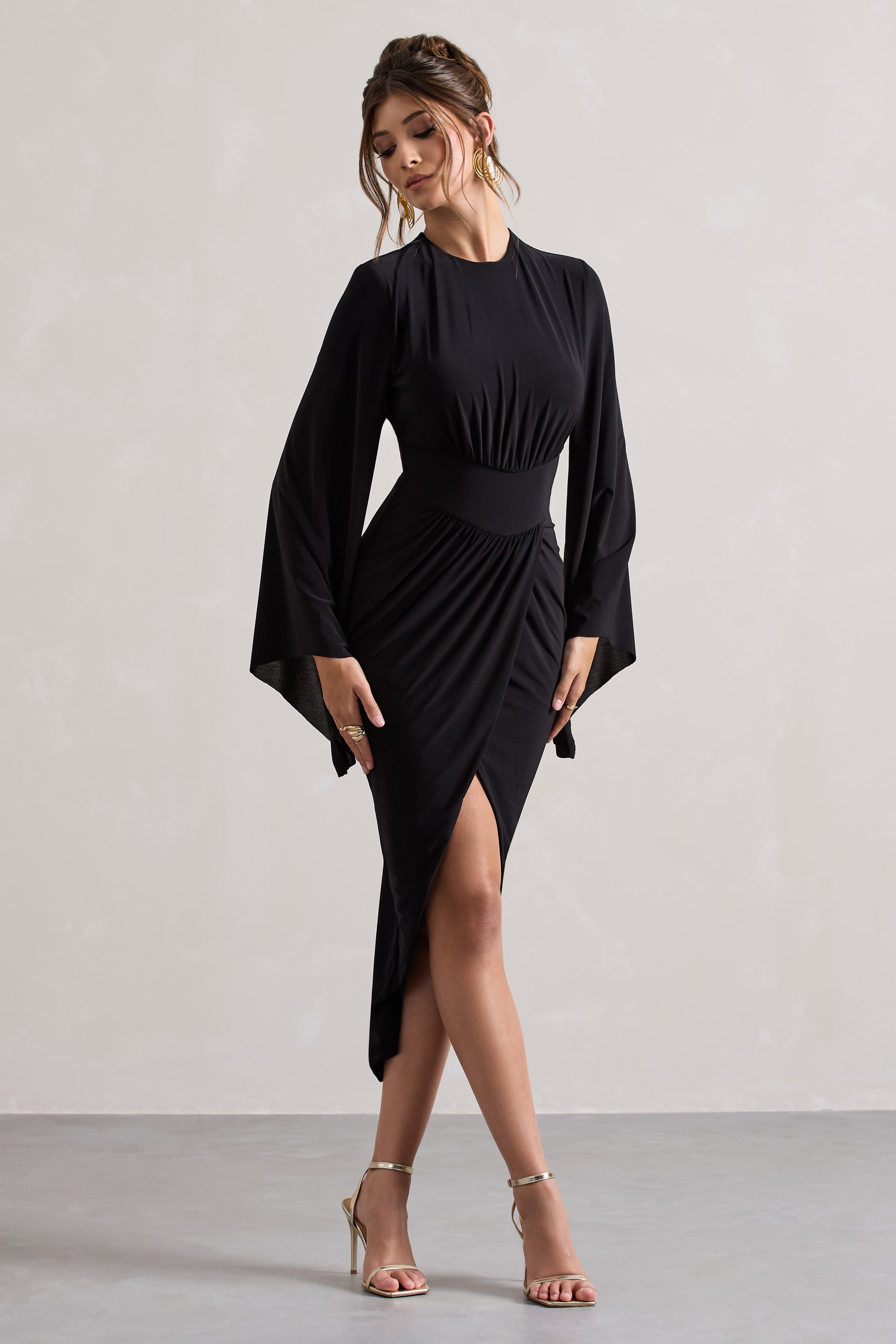 Black Drape-Sleeve Gathered Midi Dress