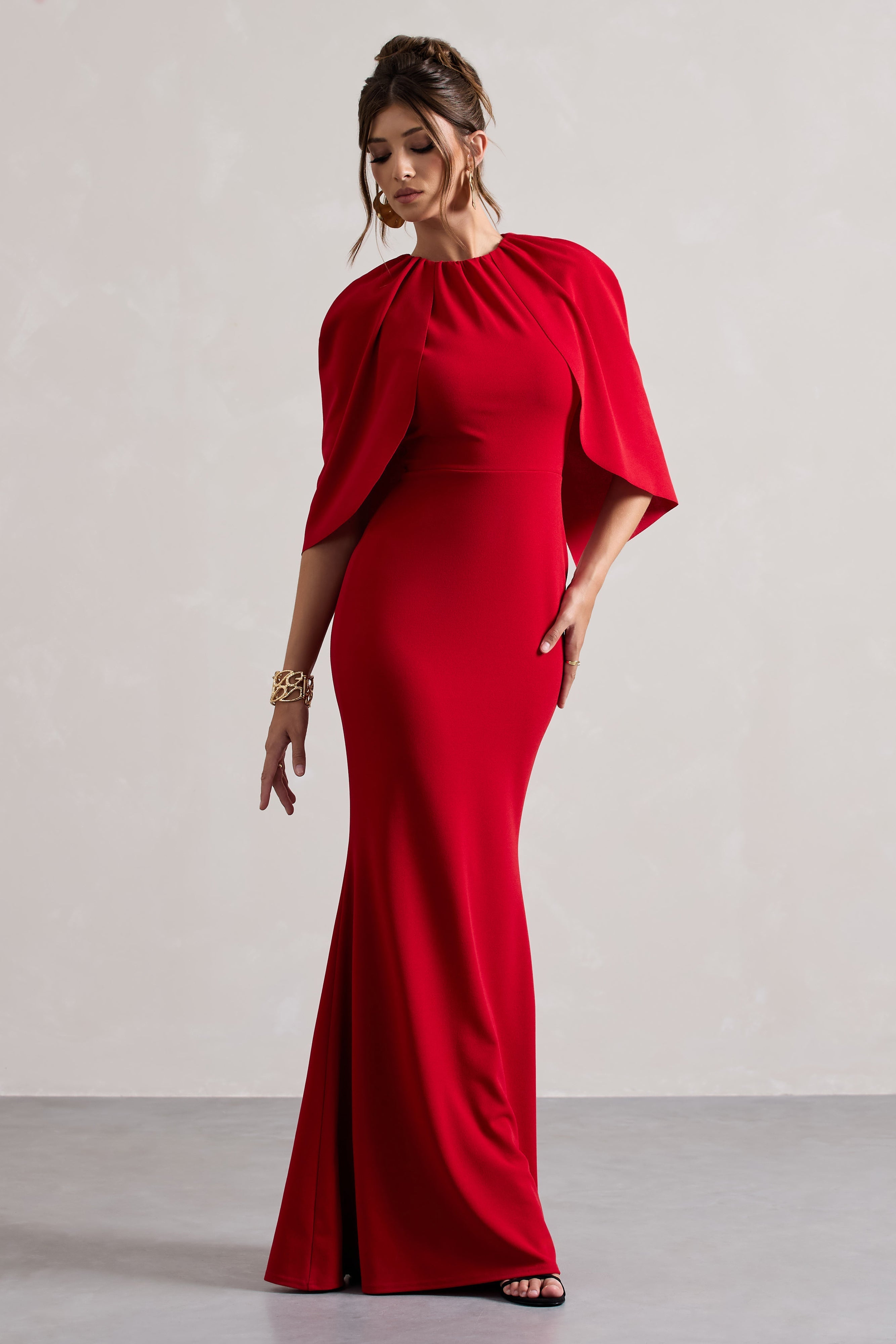 Red Draped Short-Sleeve Maxi Dress