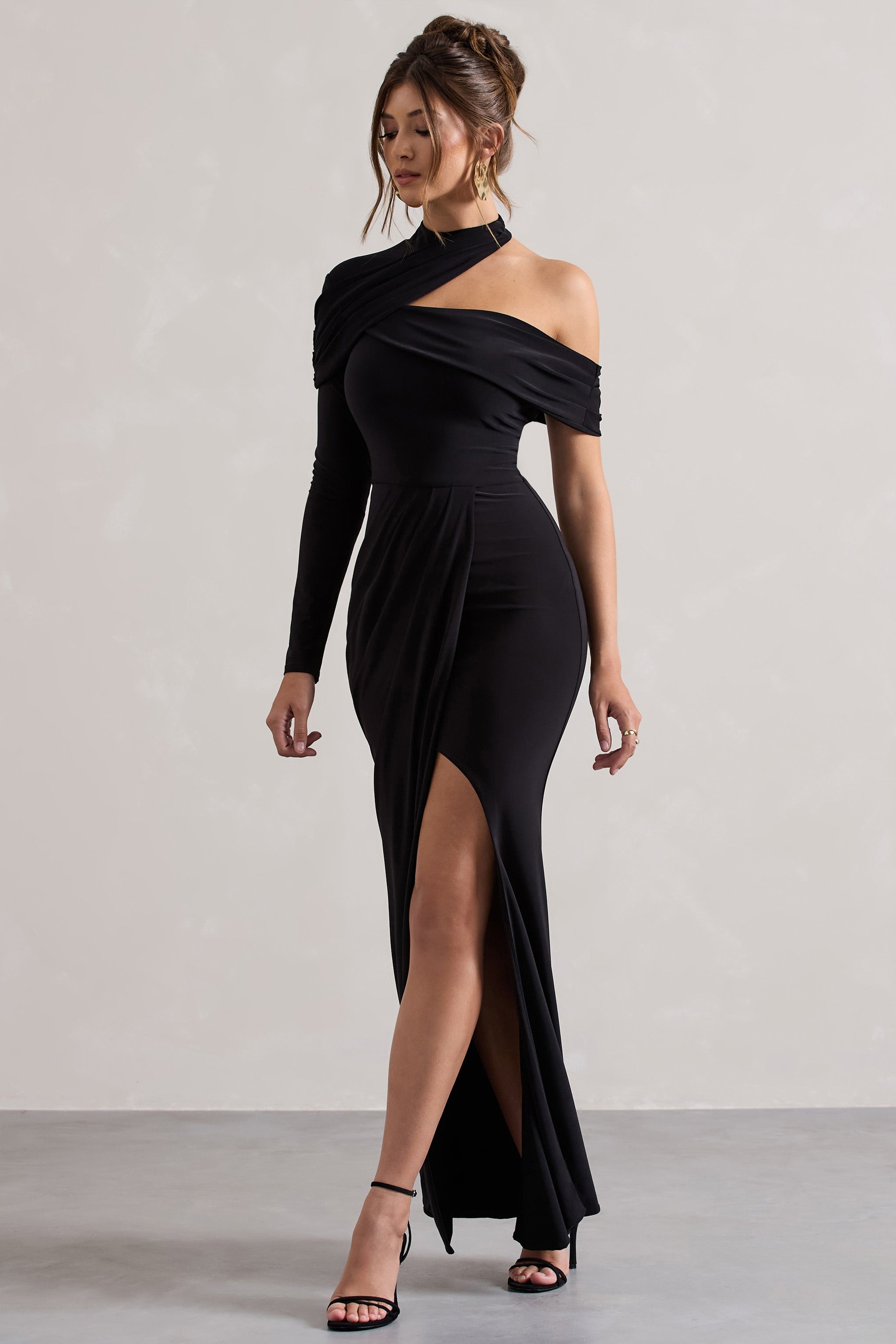 Black Asymmetric High-Neck Split Maxi Dress