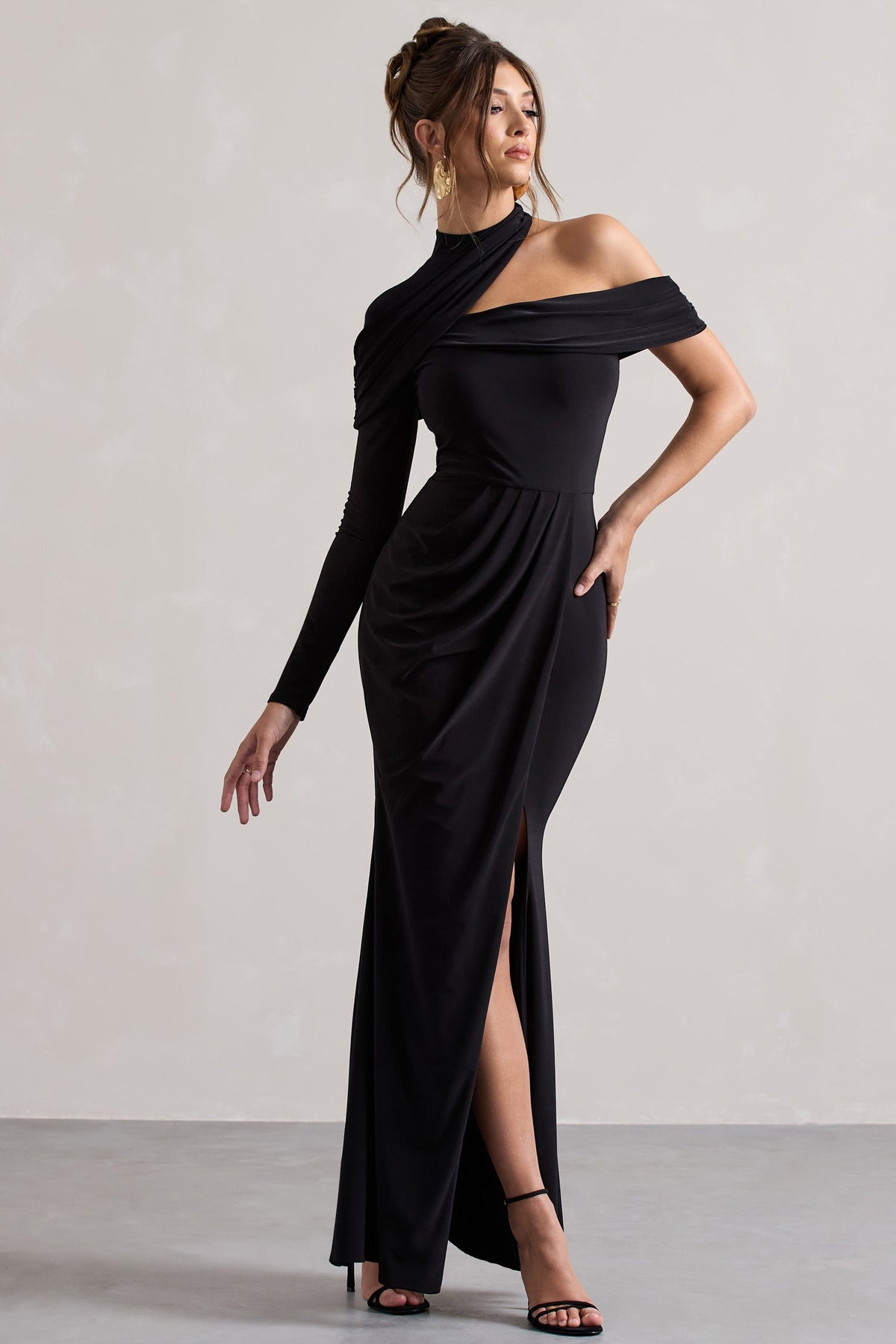 Black Asymmetric High-Neck Split Maxi Dress