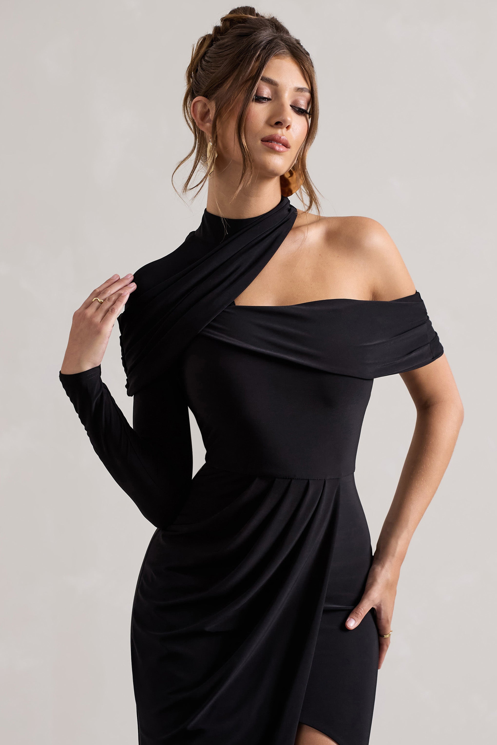 Black Asymmetric High-Neck Split Maxi Dress