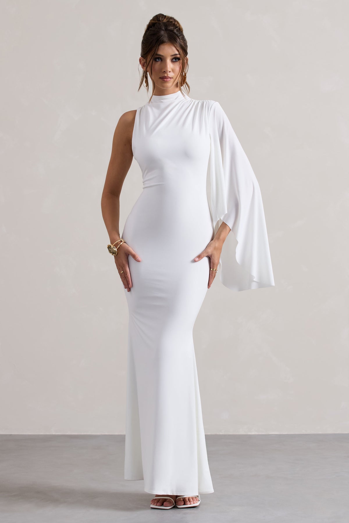 White High-Neck Cape-Sleeve Maxi Dress
