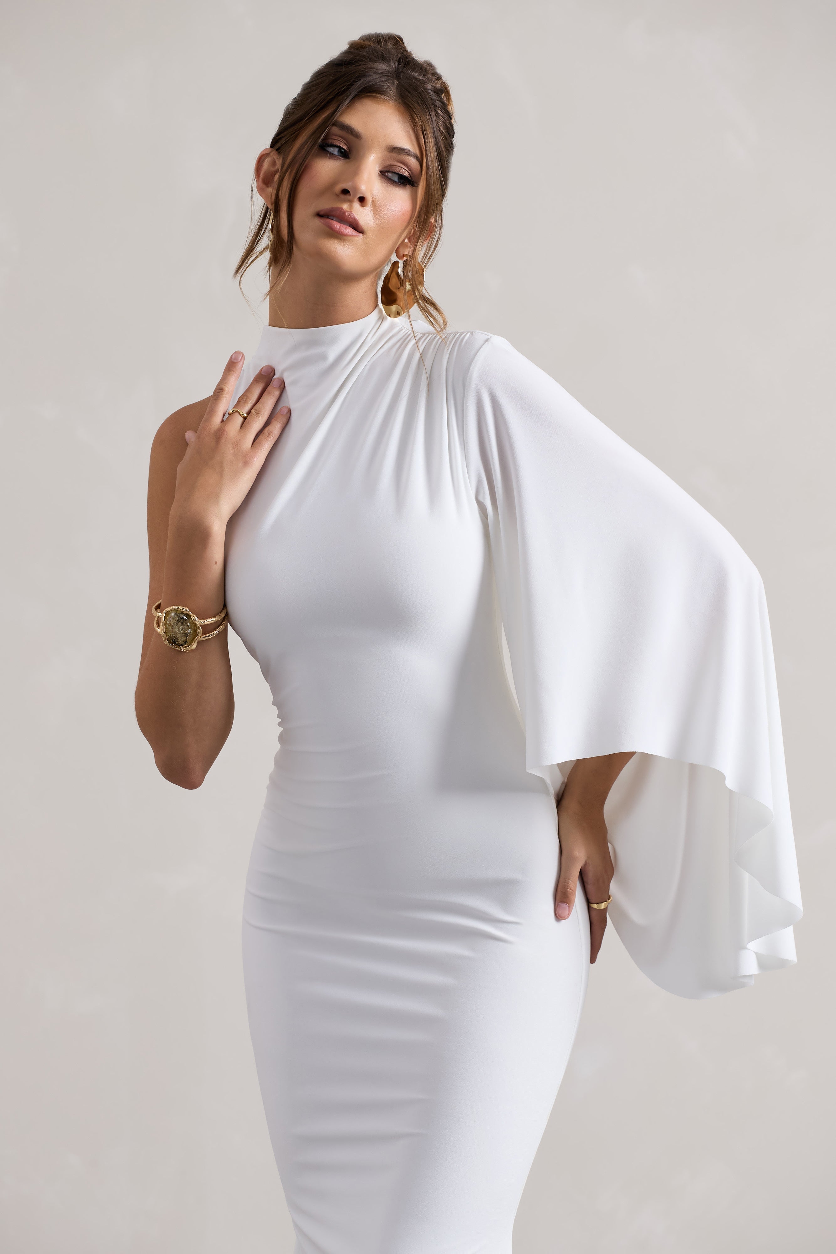 White High-Neck Cape-Sleeve Maxi Dress