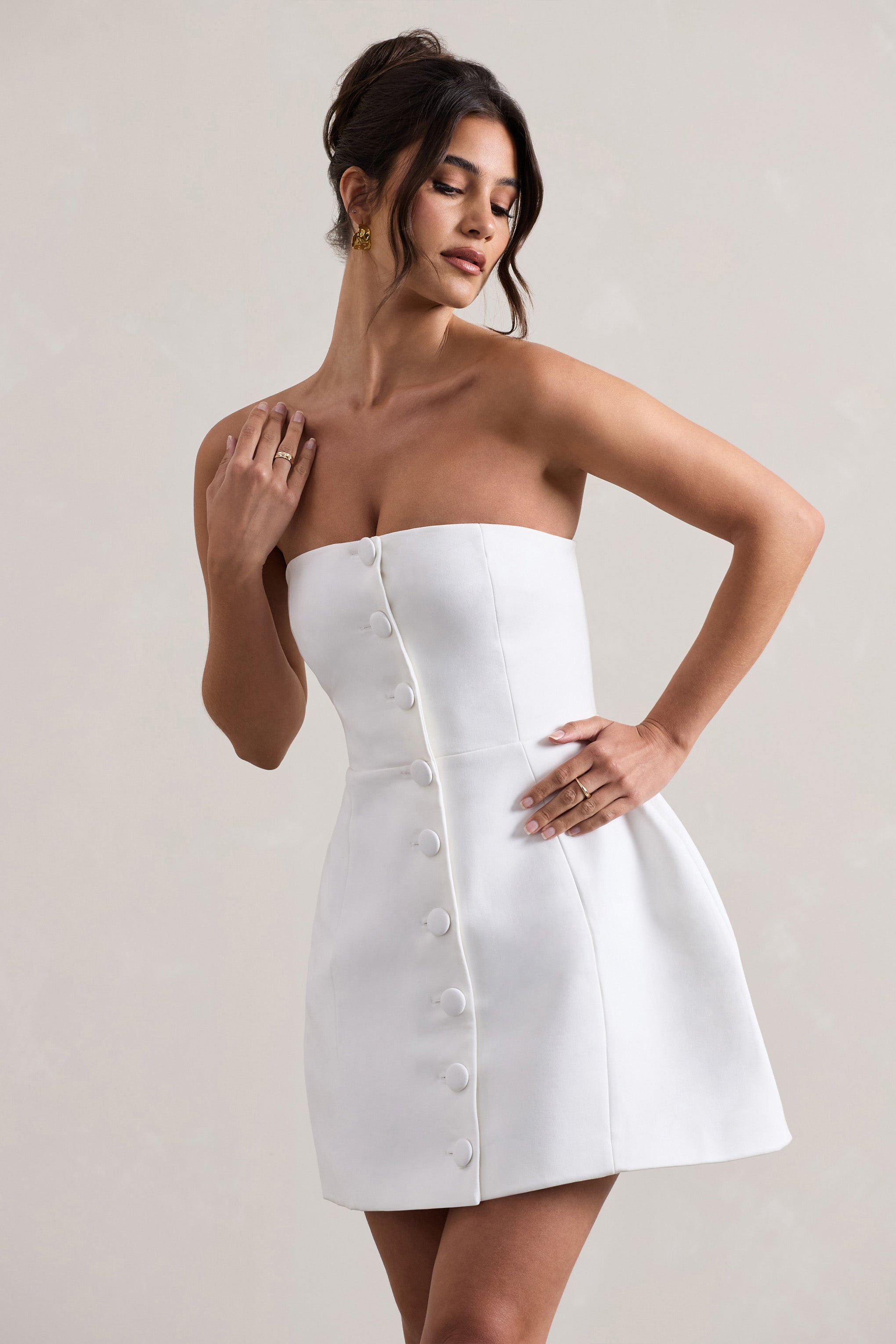 White Bandeau Tailored Buttoned Mini Dress