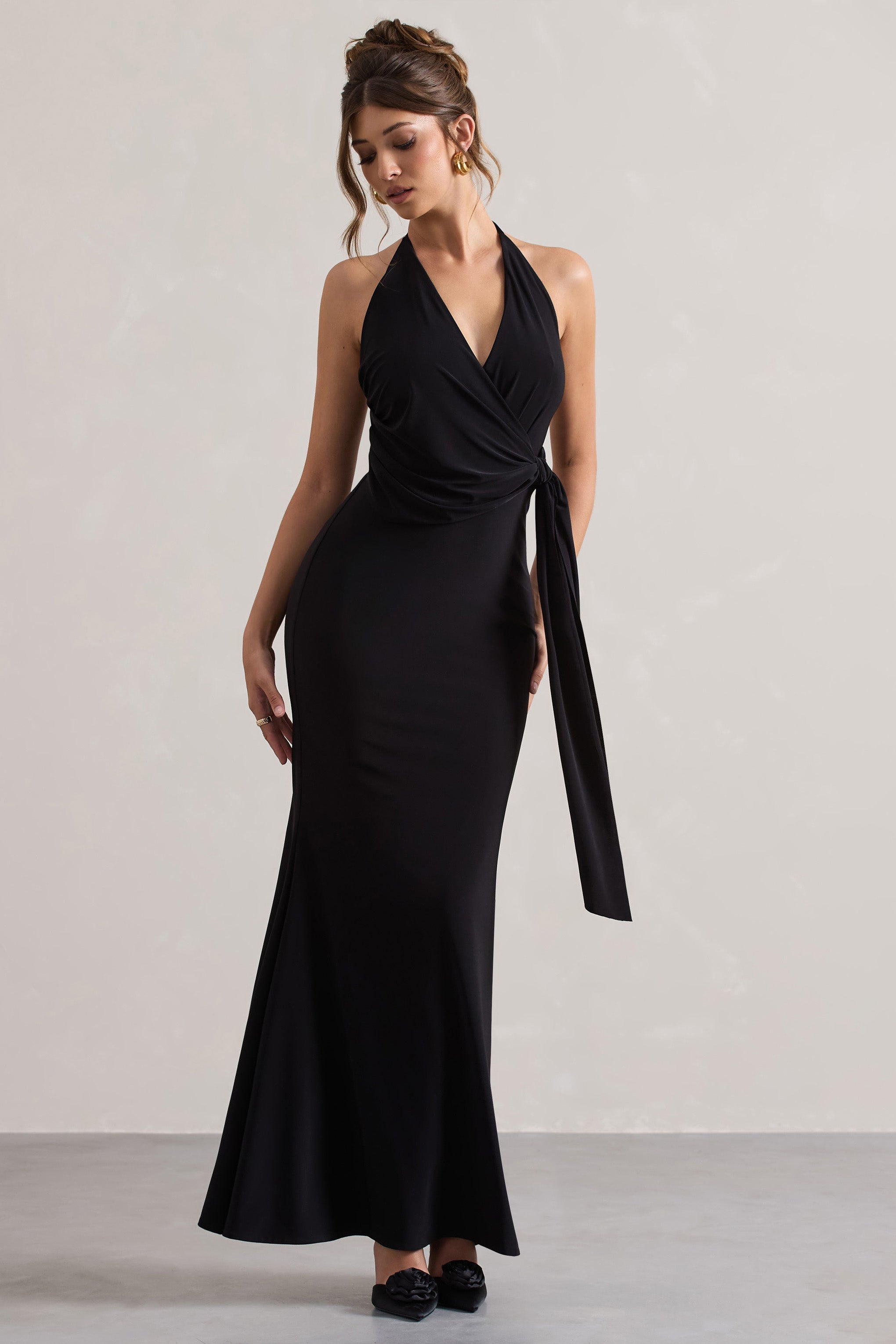 Black Halter-Neck Gathered Drape Maxi Dress