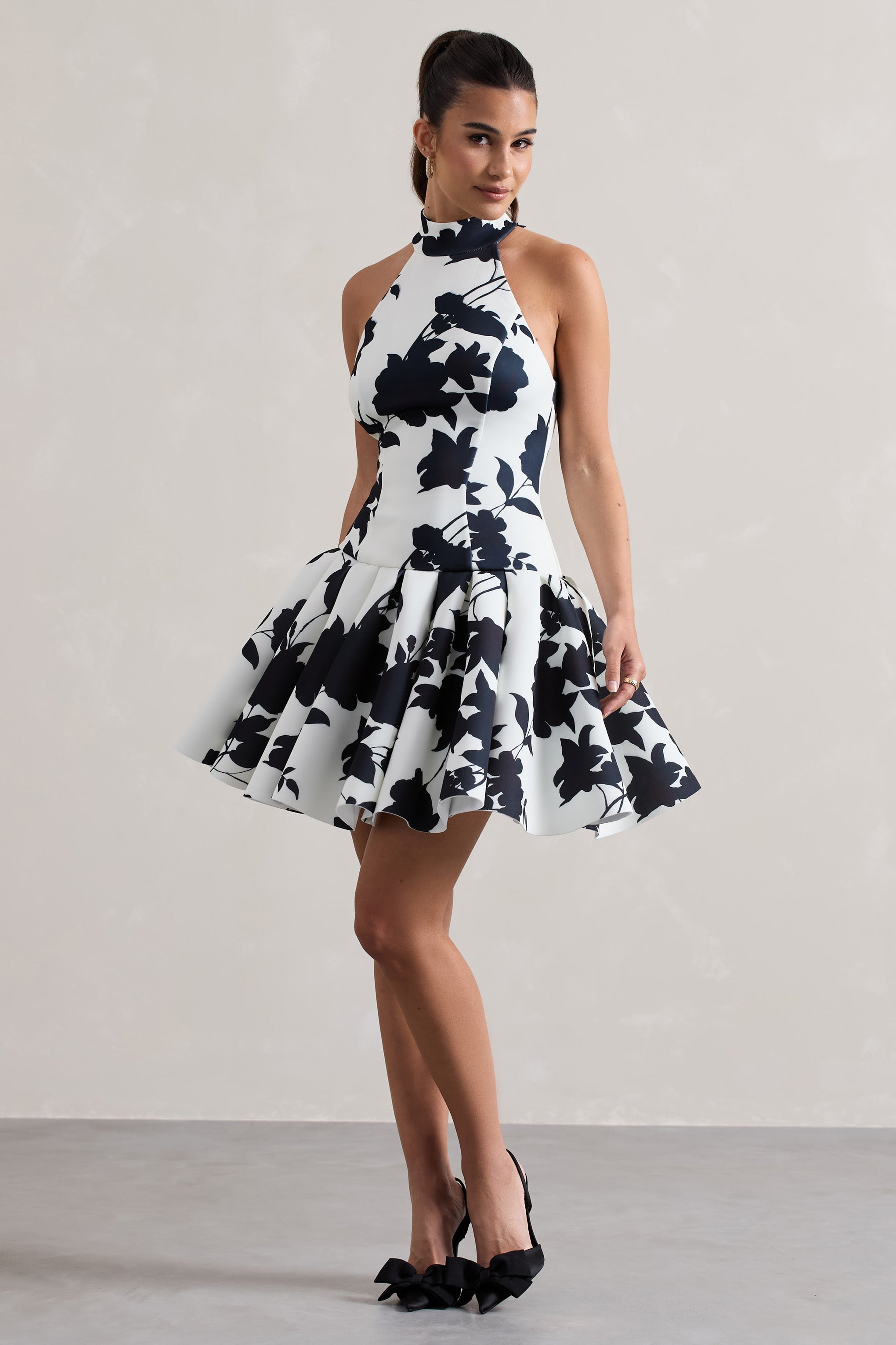 Cream Floral Print High-Neck Mini Dress With Volume Hem