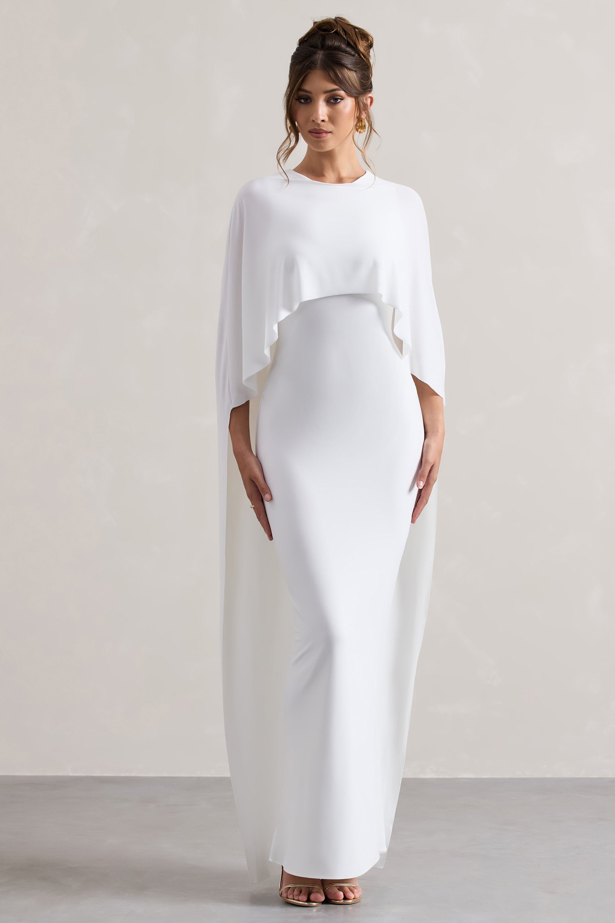 White Draped Maxi Dress With Cape Sleeves