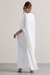White Draped Maxi Dress With Cape Sleeves
