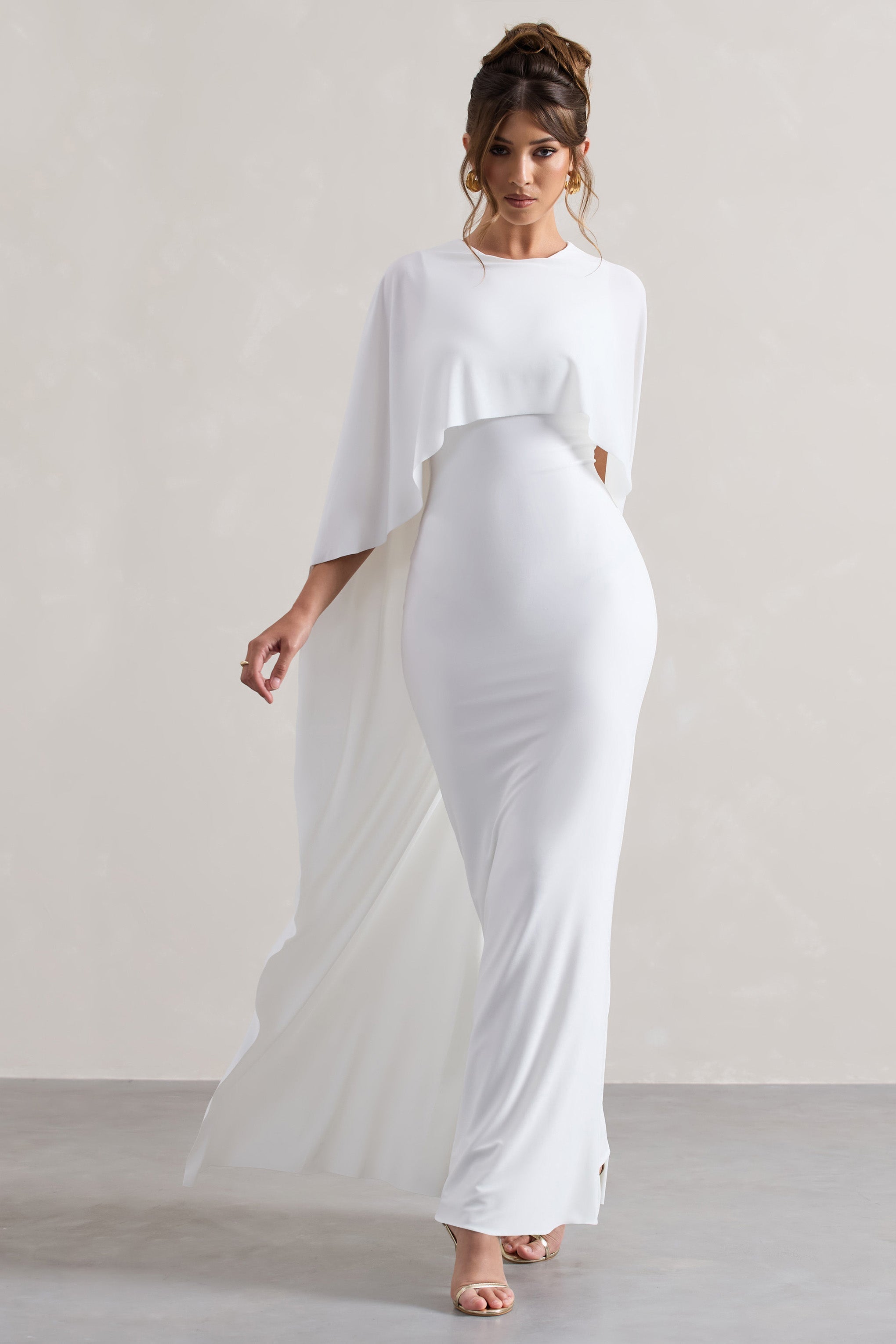White Draped Maxi Dress With Cape Sleeves