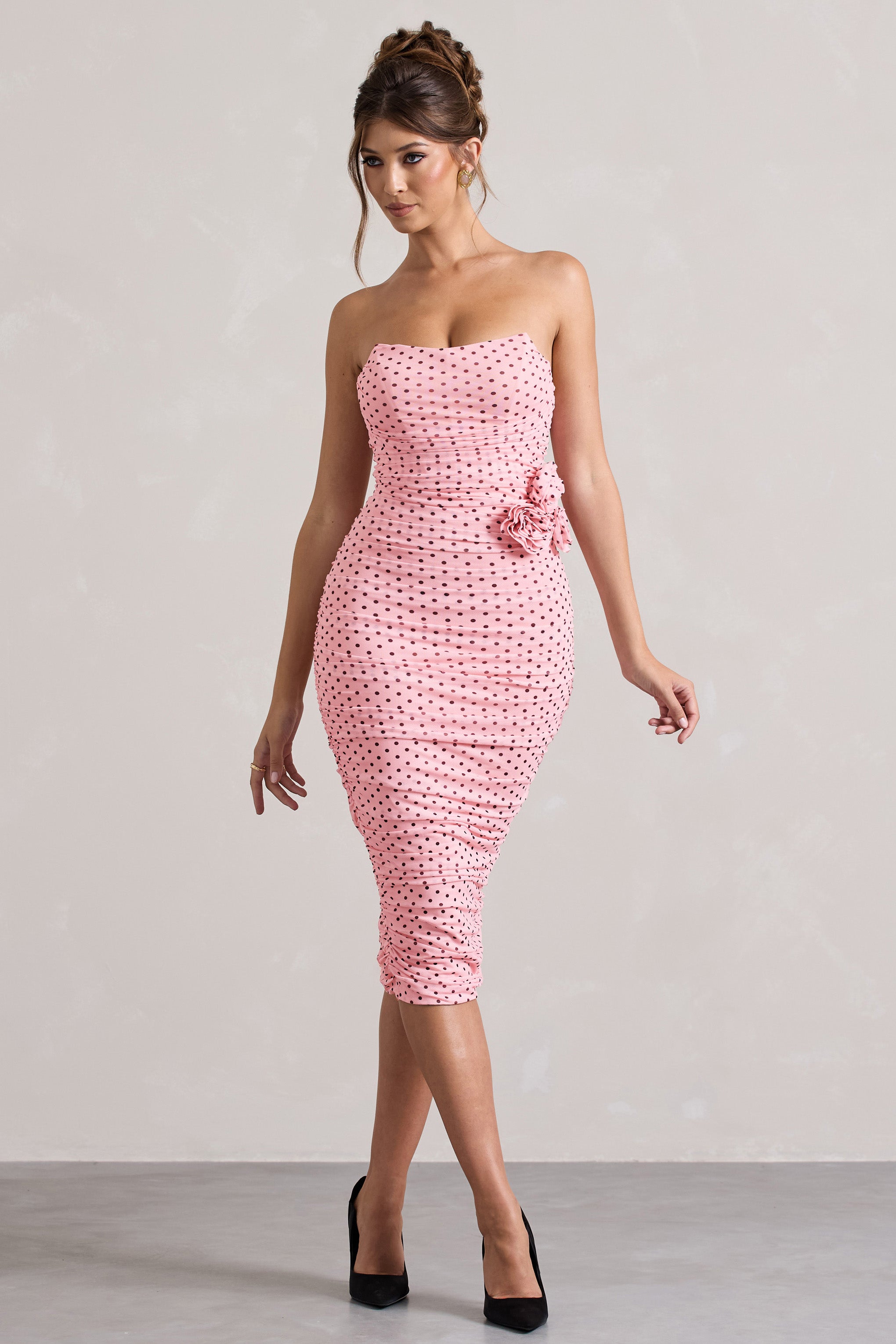 Pink Polka Dot Ruched Mesh Strapless Midi Dress With Corsage
