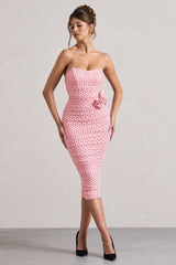 Pink Polka Dot Ruched Mesh Strapless Midi Dress With Corsage