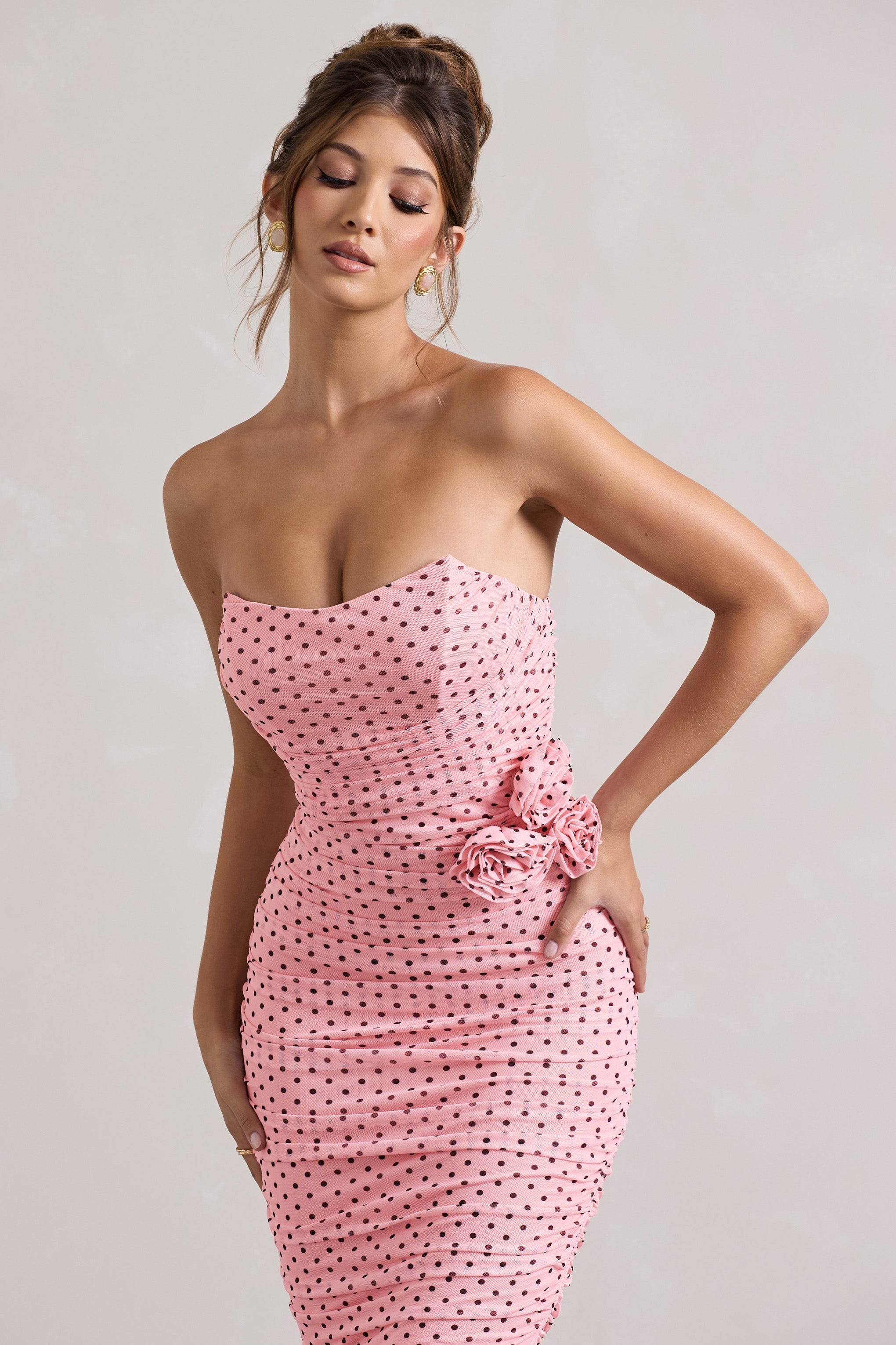Pink Polka Dot Ruched Mesh Strapless Midi Dress With Corsage