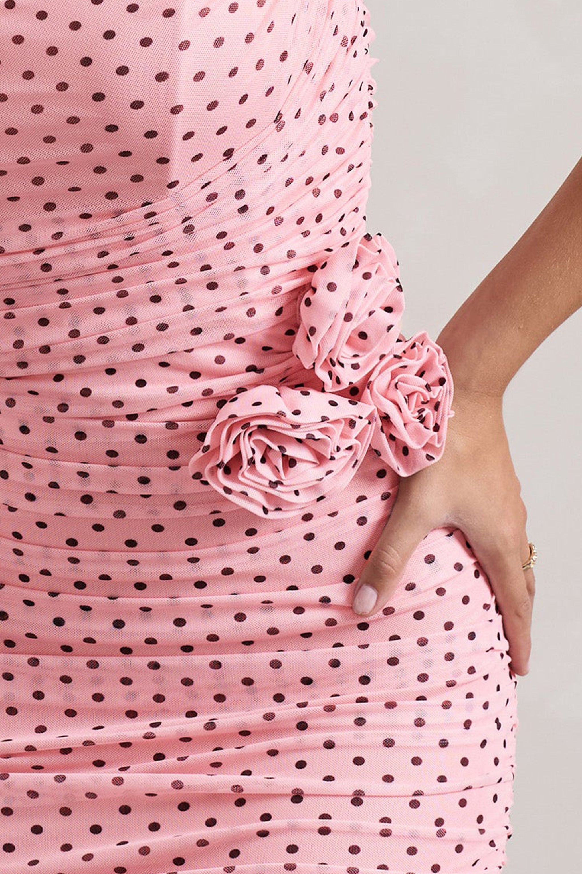 Pink Polka Dot Ruched Mesh Strapless Midi Dress With Corsage
