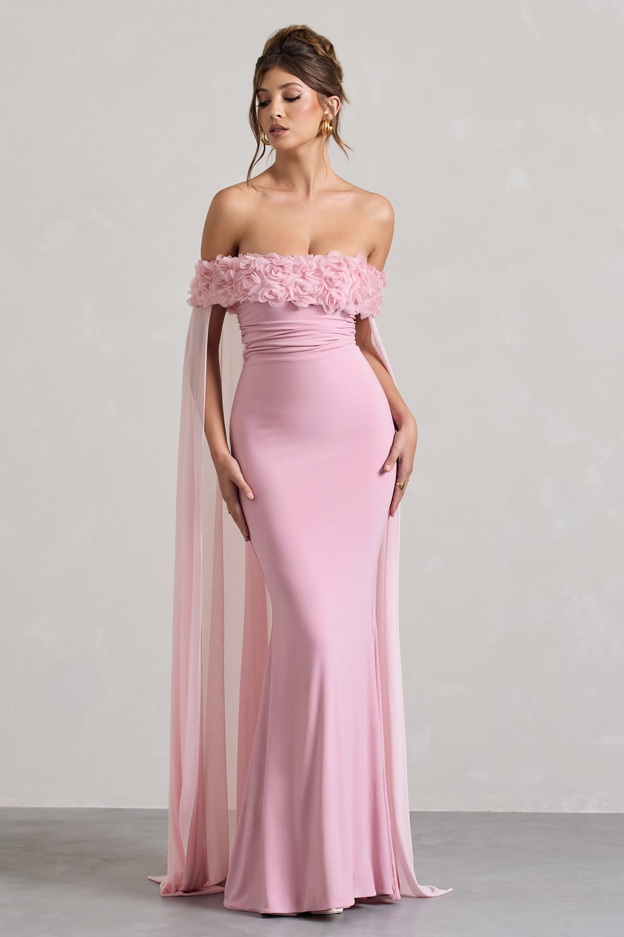 Blush Pink Floral Bardot Fishtail Maxi Dress With Mesh Cape