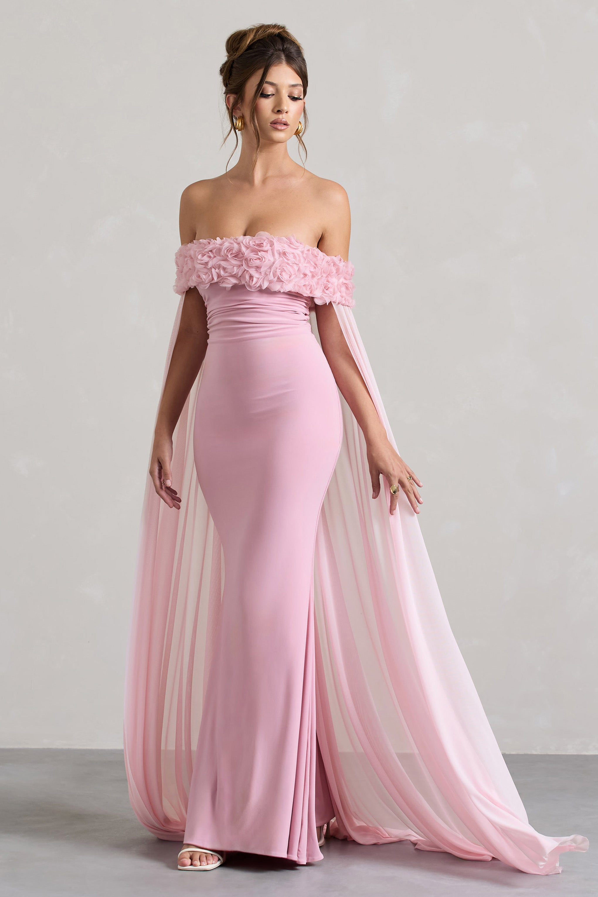 Blush Pink Floral Bardot Fishtail Maxi Dress With Mesh Cape