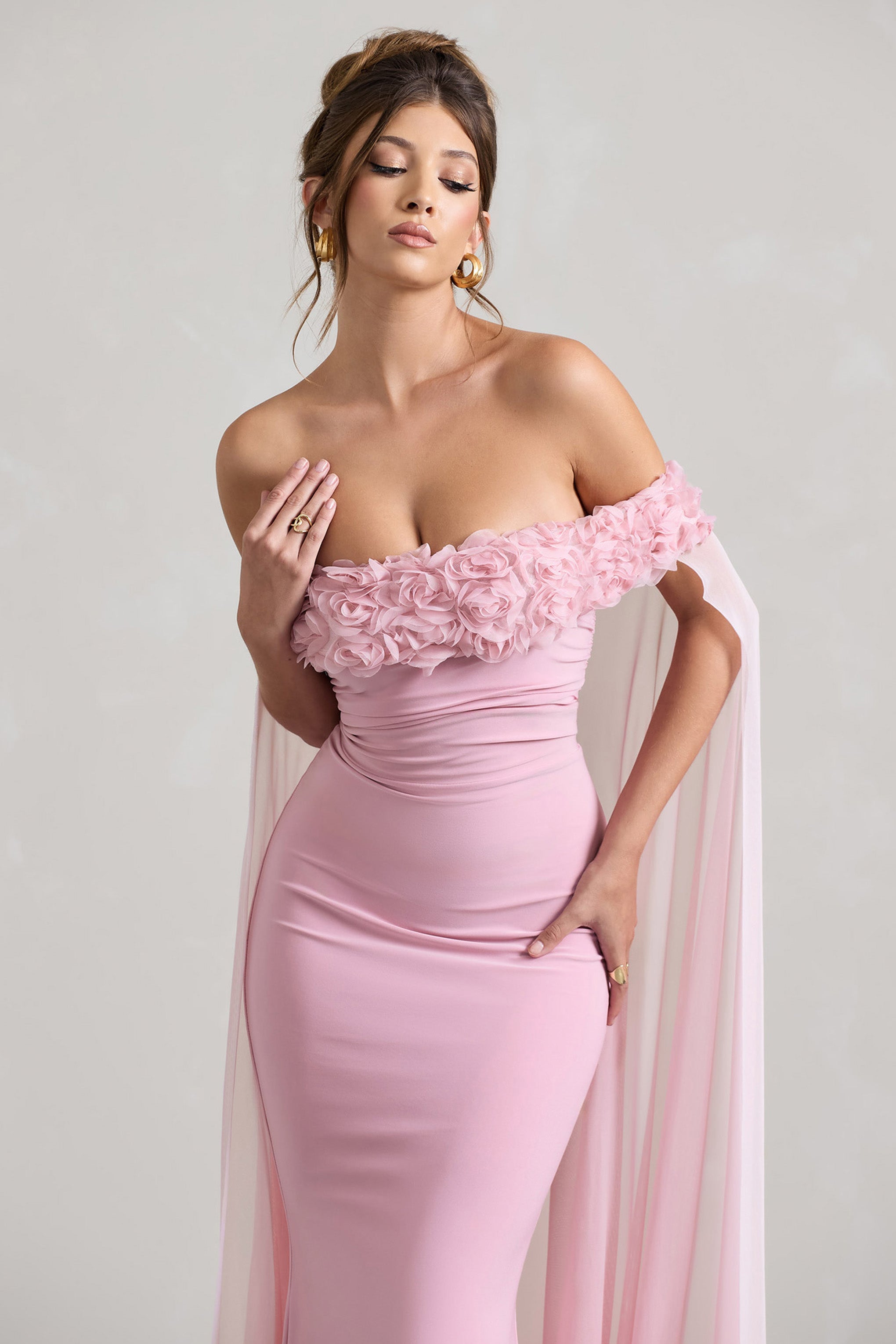 Blush Pink Floral Bardot Fishtail Maxi Dress With Mesh Cape