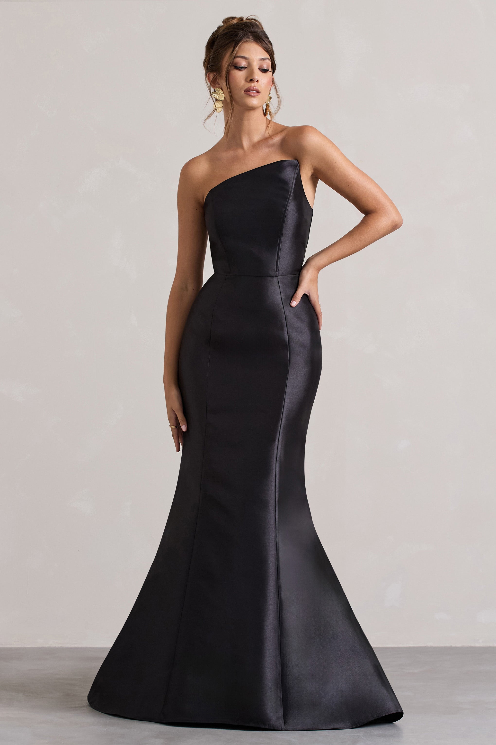 Black Satin Asymmetric Fishtail Maxi Dress