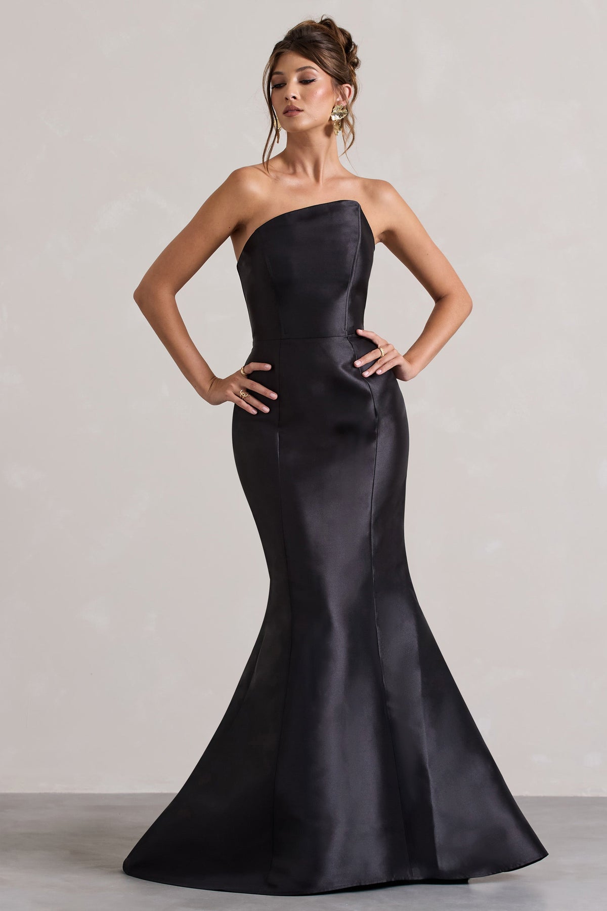 Black Satin Asymmetric Fishtail Maxi Dress