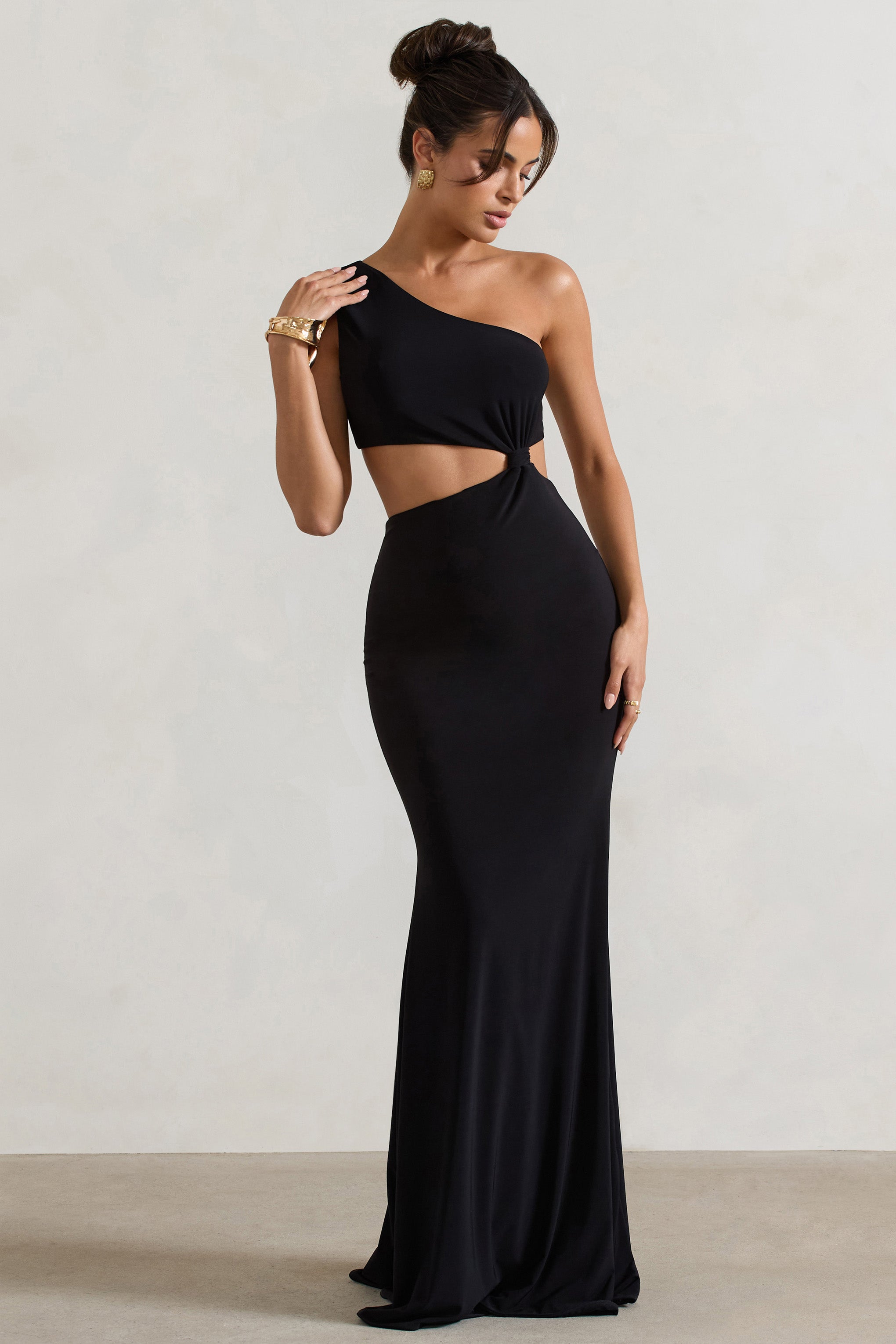 Black Asymmetric Twisted Cut-Out Fishtail Maxi Dress