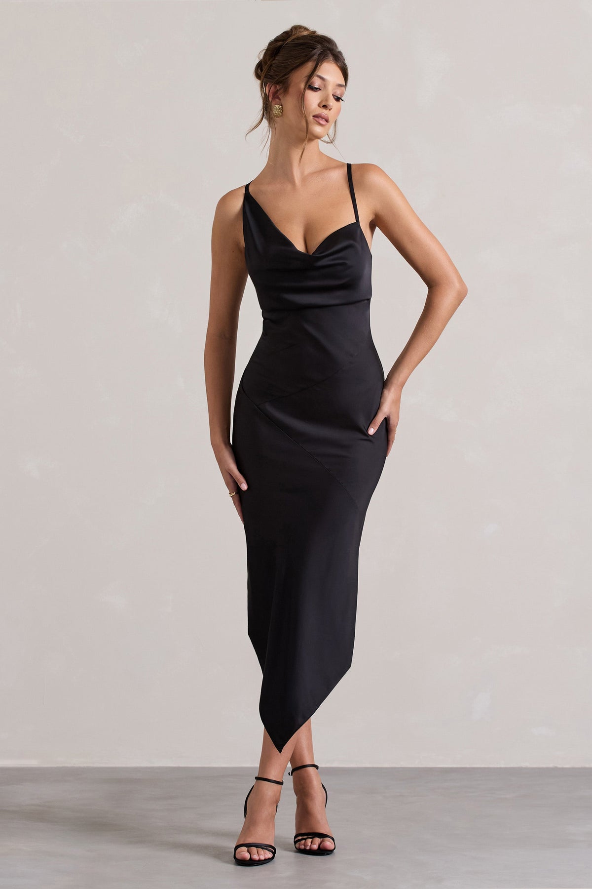 Black Satin Asymmetric Cowl-Neck Midi Dress