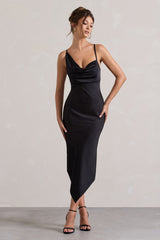 Black Satin Asymmetric Cowl-Neck Midi Dress