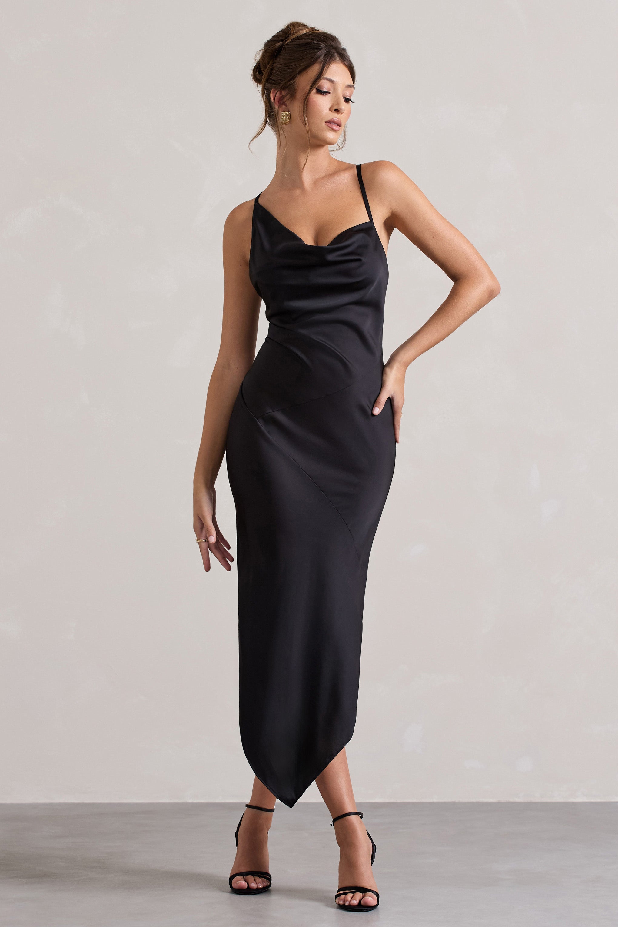 Black Satin Asymmetric Cowl-Neck Midi Dress
