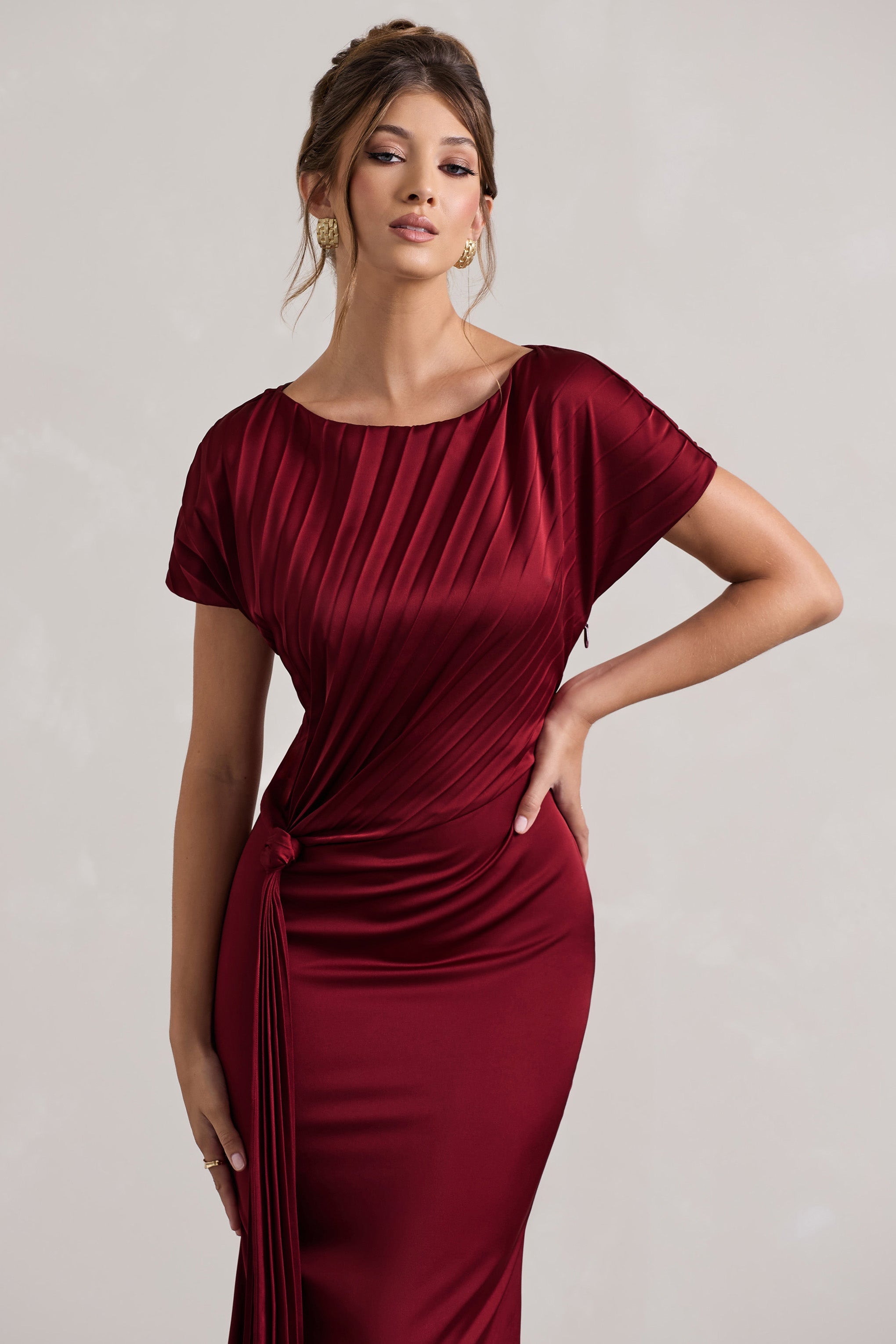 Berry Satin Pleated Maxi Dress With Drape