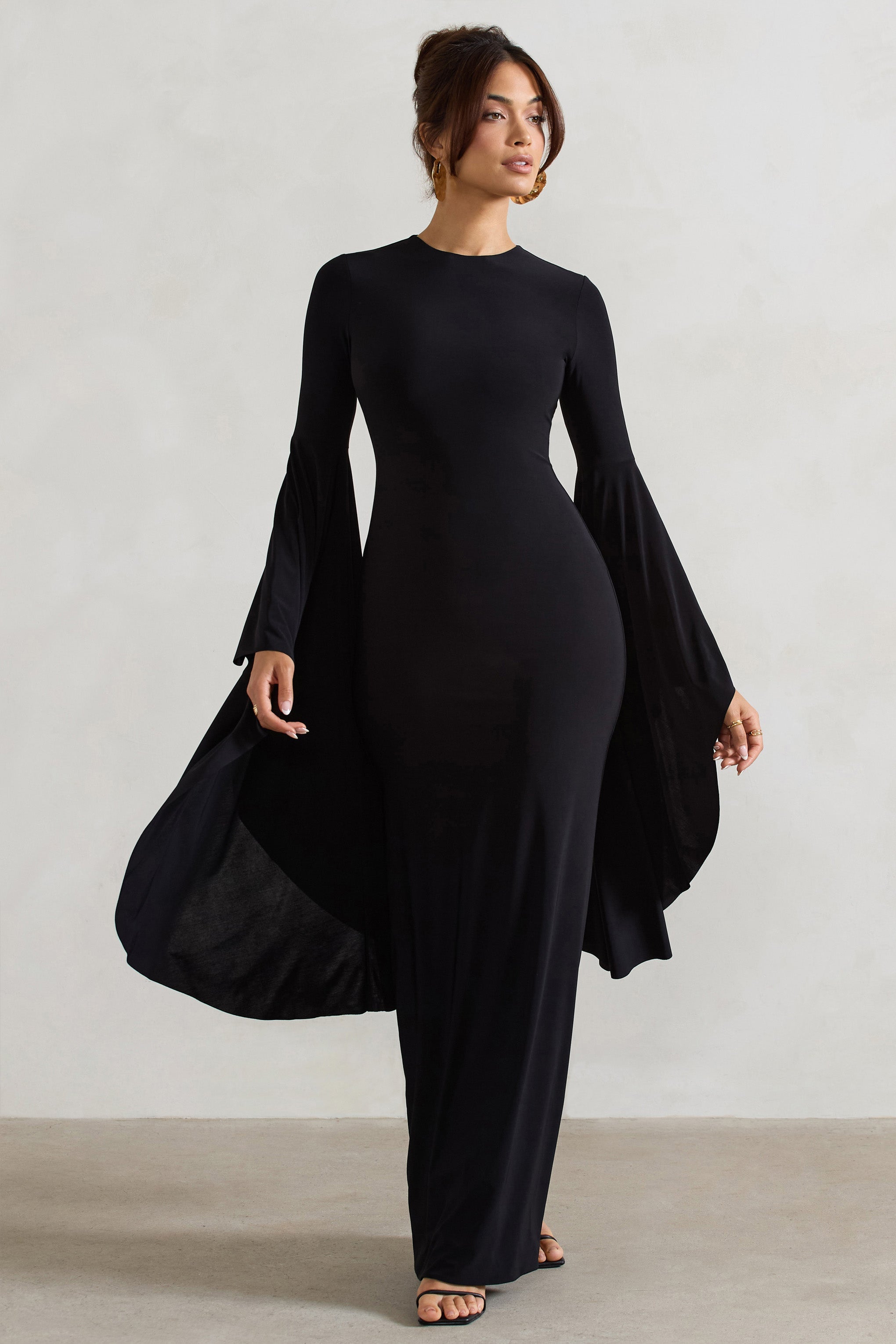 Black Waterfall Sleeve Maxi Dress