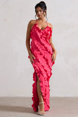 Hot Pink V-Neck Ruffle Maxi Dress