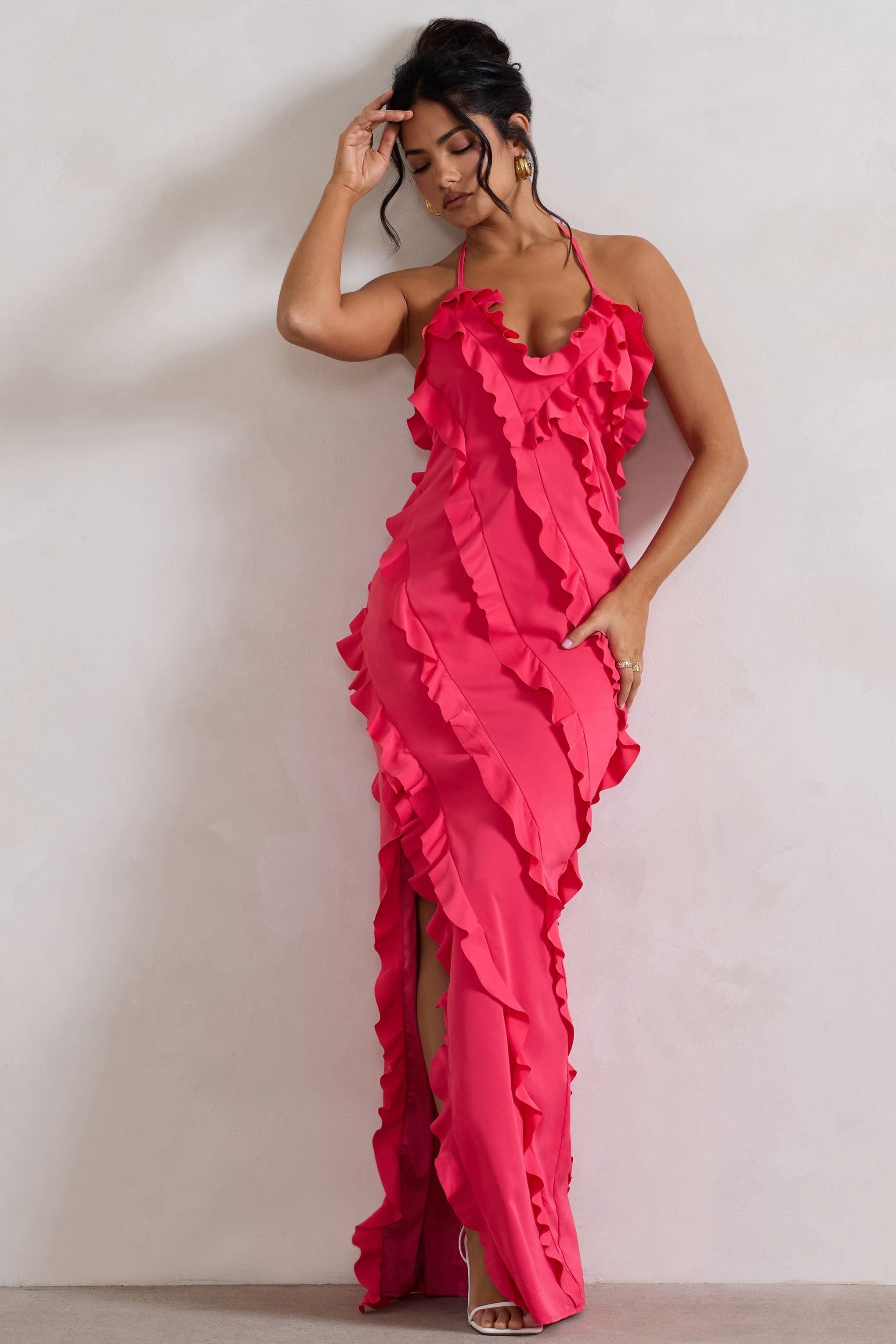 Hot Pink V-Neck Ruffle Maxi Dress