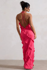 Hot Pink V-Neck Ruffle Maxi Dress
