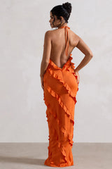 Orange V-Neck Ruffle Maxi Dress
