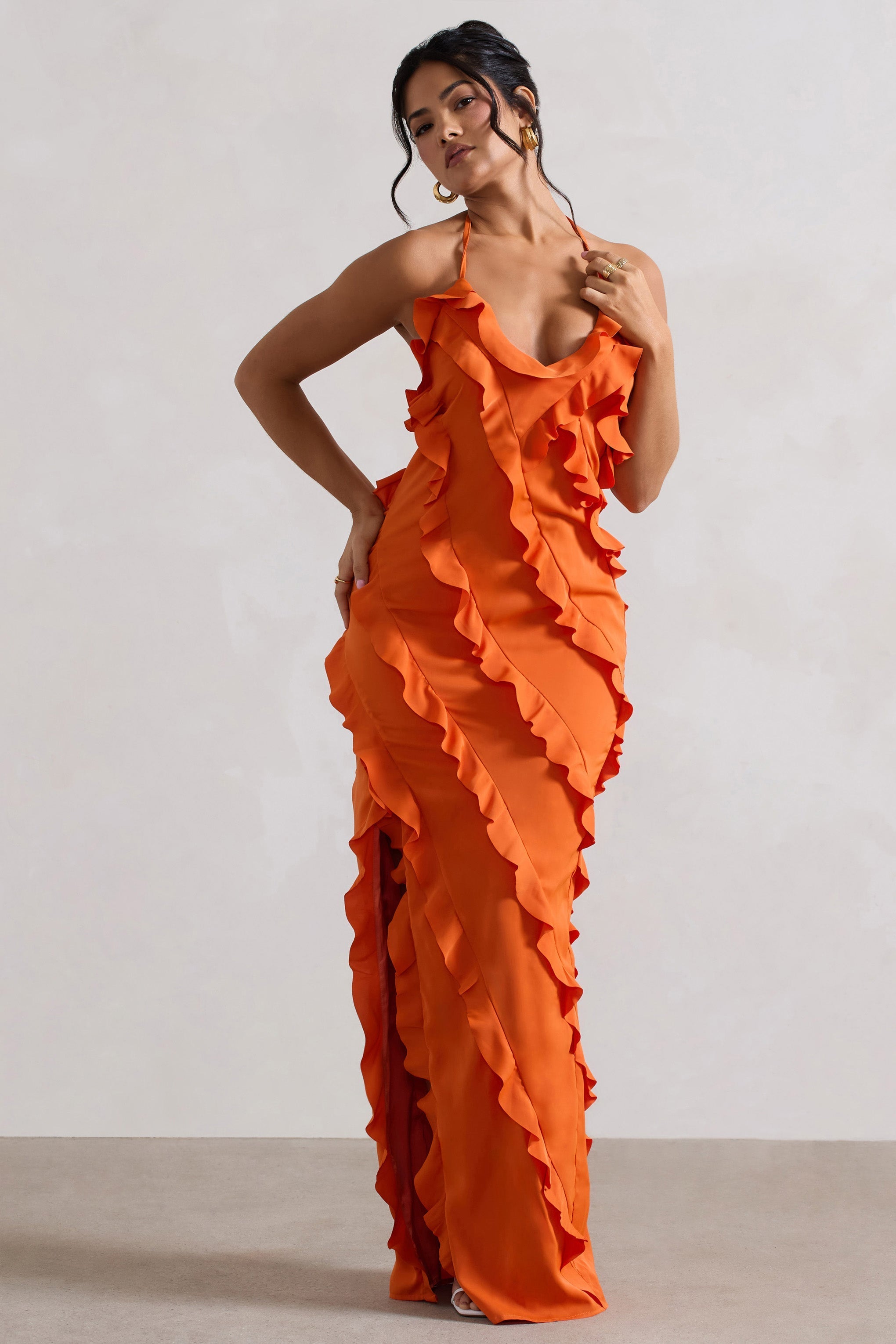 Orange V-Neck Ruffle Maxi Dress