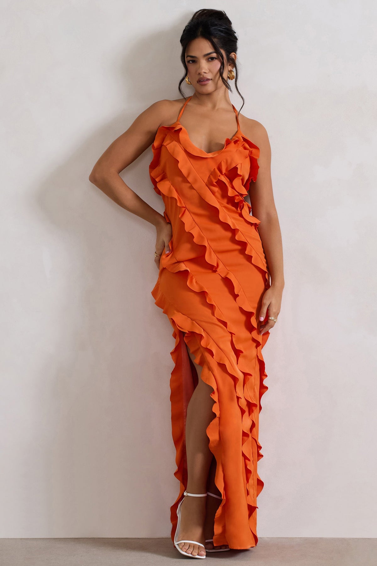 Orange V-Neck Ruffle Maxi Dress