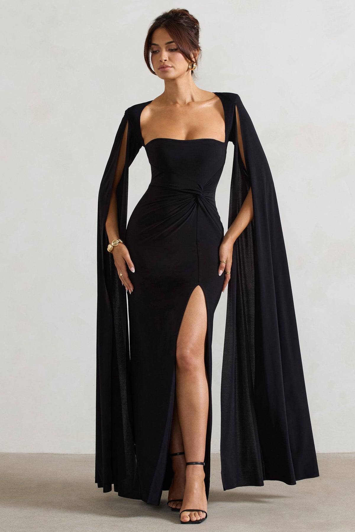 Black Square Neck Twisted Maxi Dress With Cape Sleeves