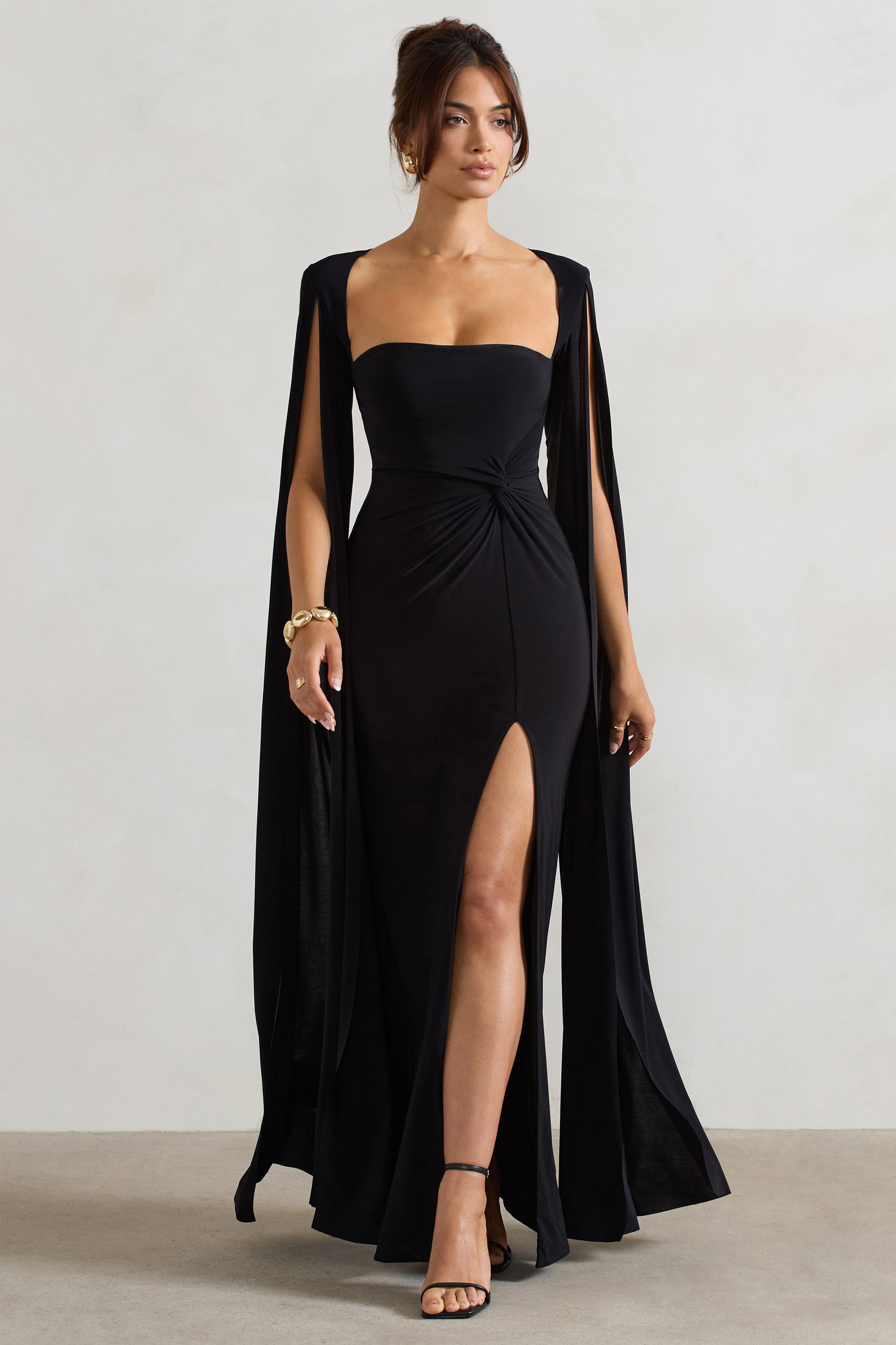 Black Square Neck Twisted Maxi Dress With Cape Sleeves