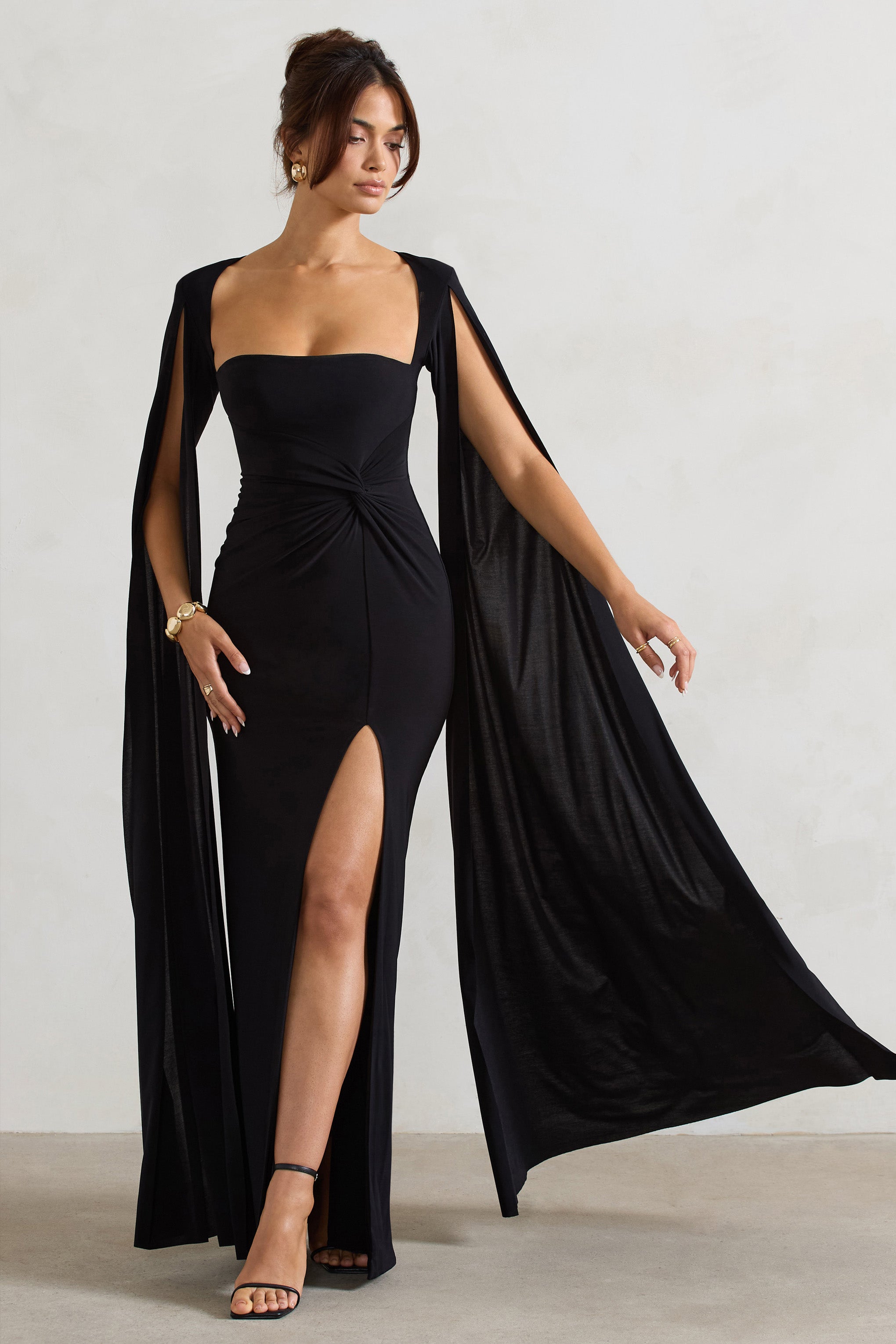 Black Square Neck Twisted Maxi Dress With Cape Sleeves