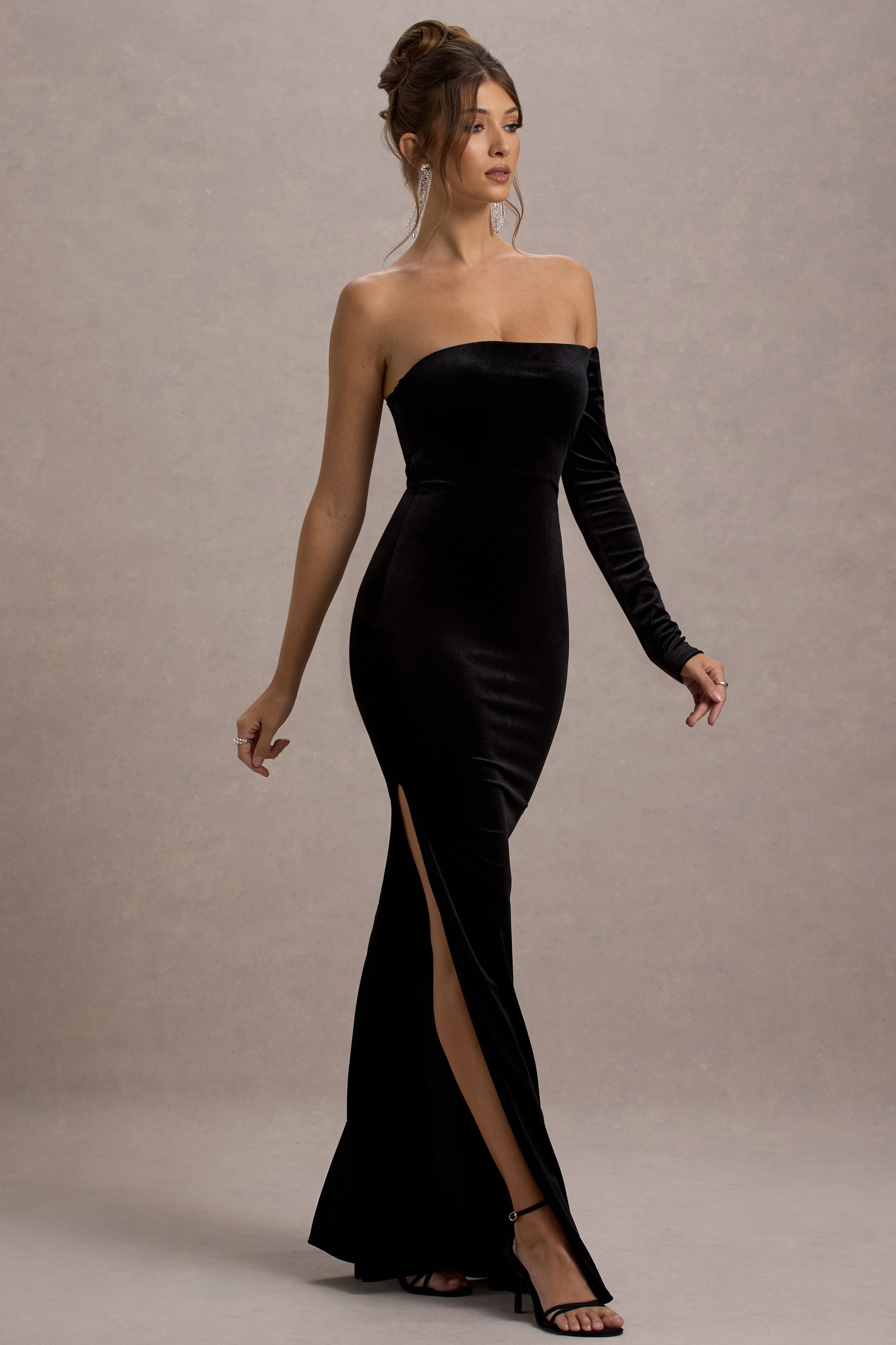 Black Velvet One-Sleeve Maxi Dress