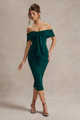 Bottle Green Bardot Midi Dress With Drape