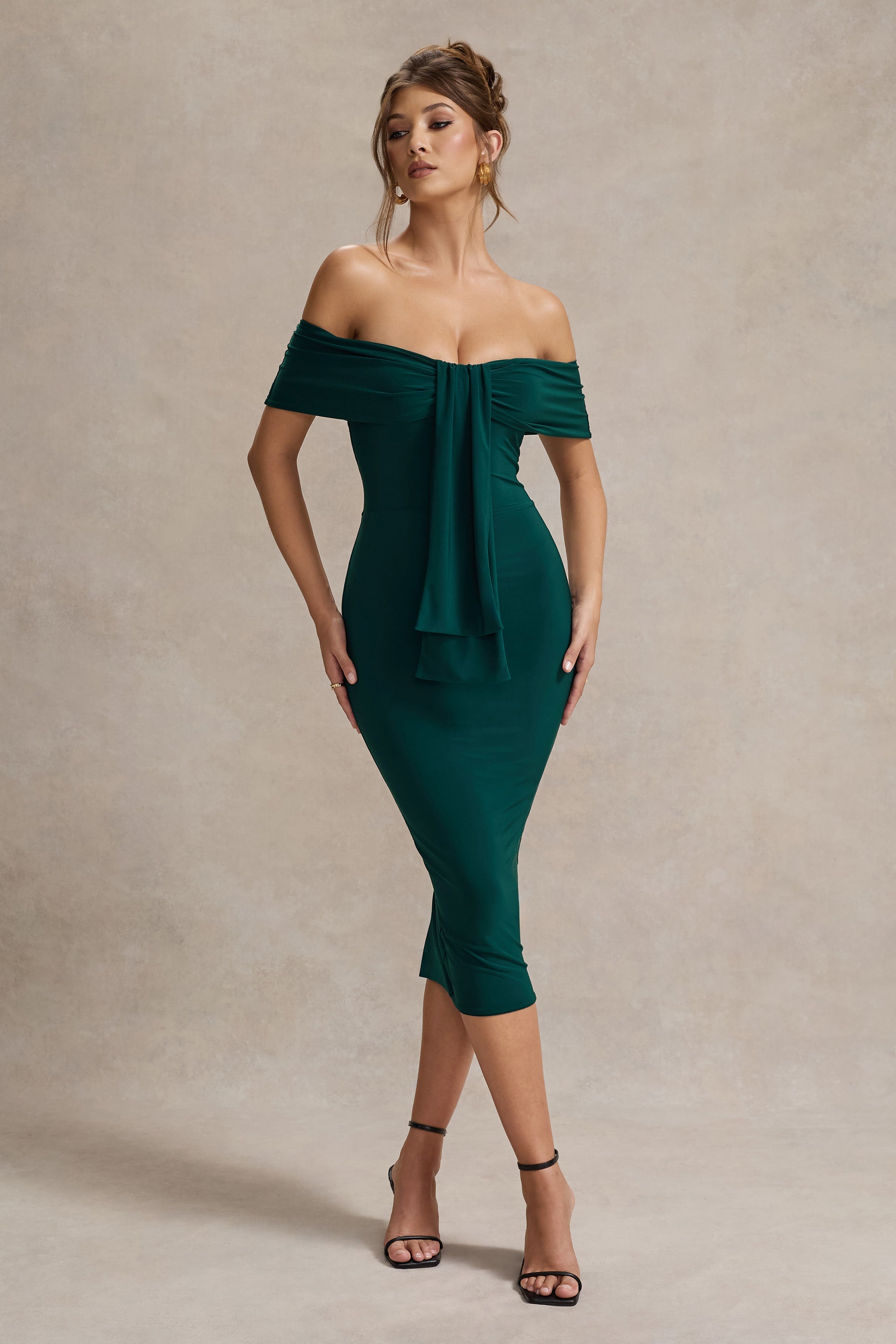 Bottle Green Bardot Midi Dress With Drape
