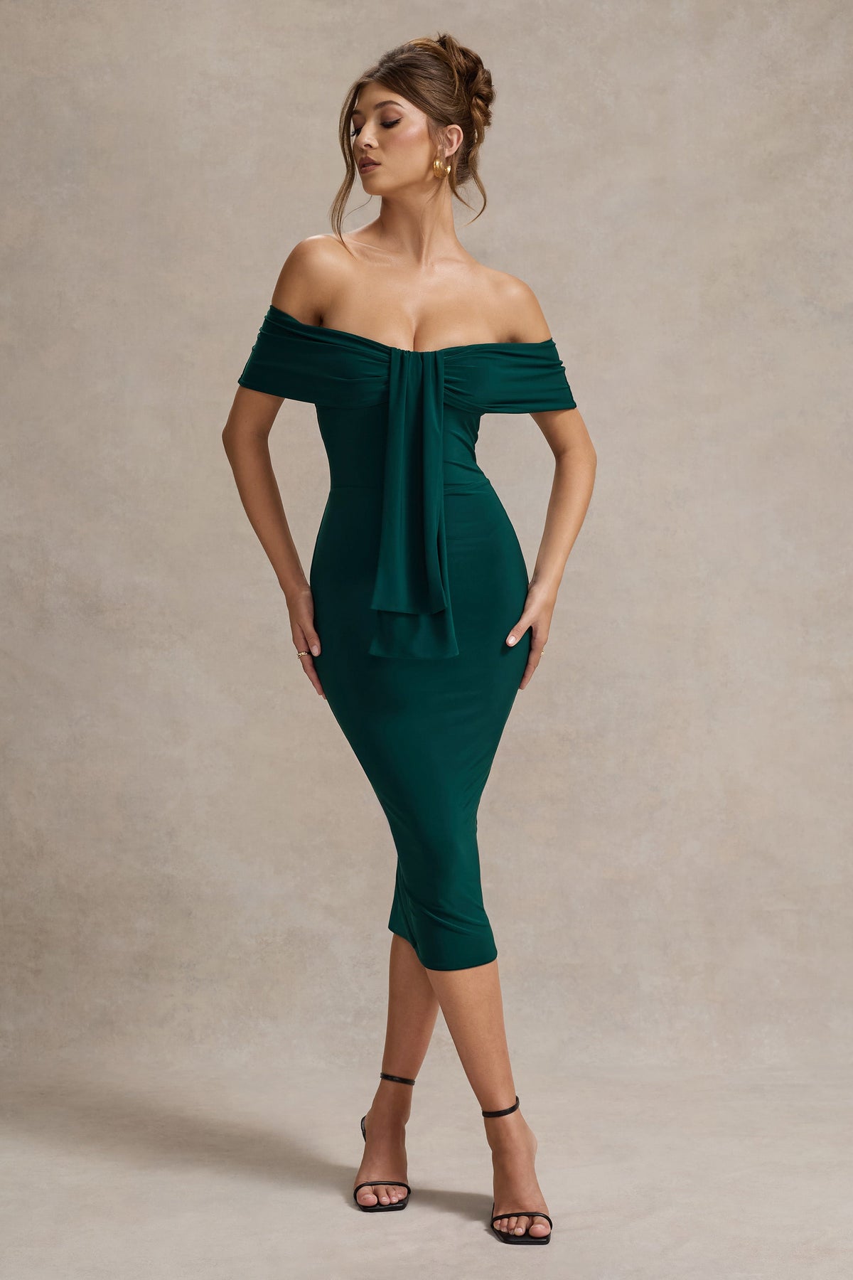 Bottle Green Bardot Midi Dress With Drape