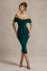 Bottle Green Bardot Midi Dress With Drape