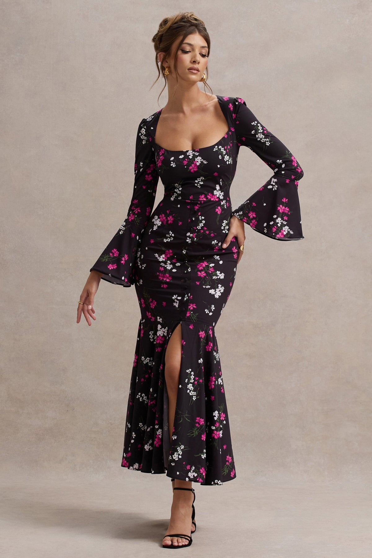 Black Ditsy Floral Print Chiffon Long-Sleeve Split Maxi Dress