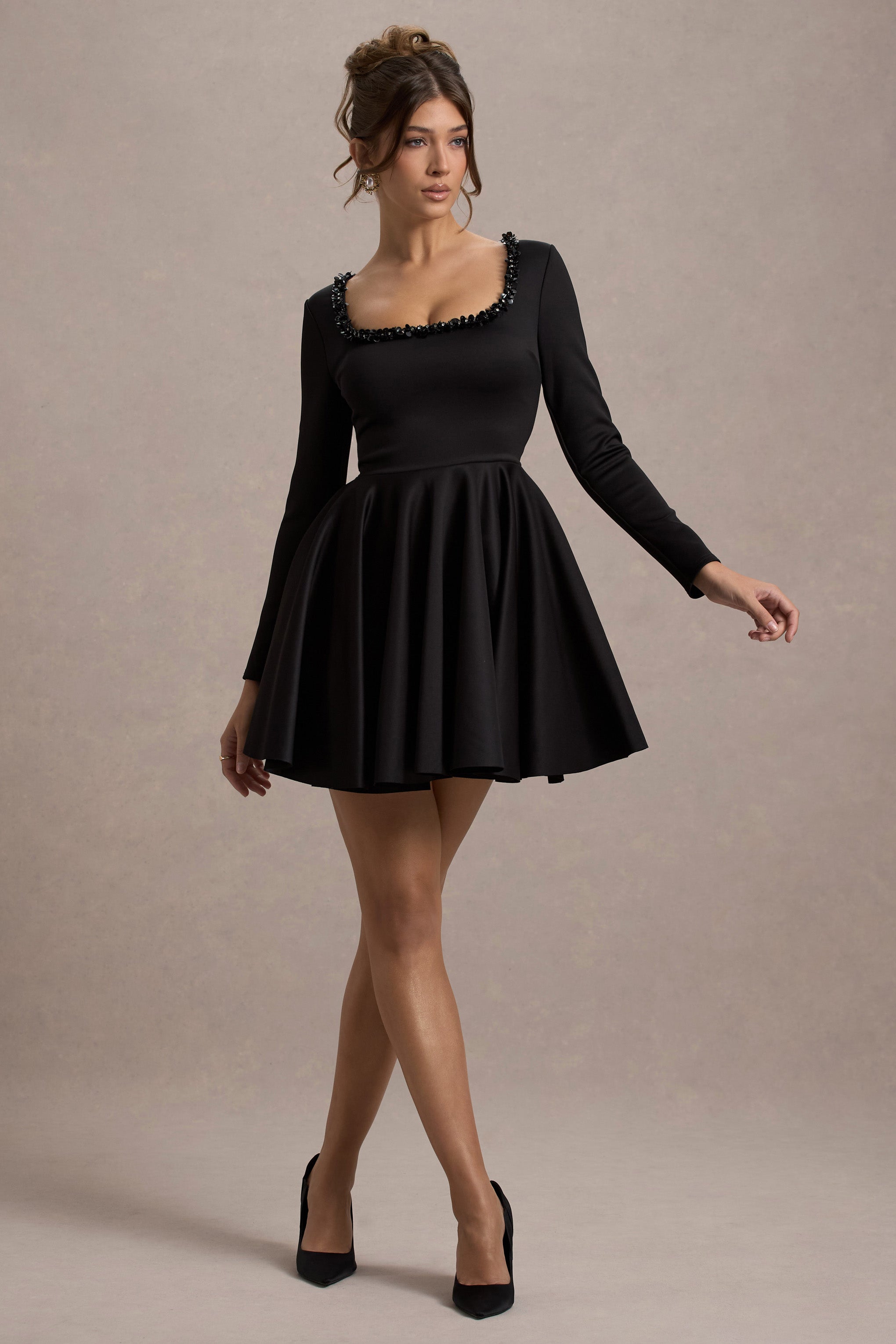 Black Square-Neck Long-Sleeve Skater Mini Dress