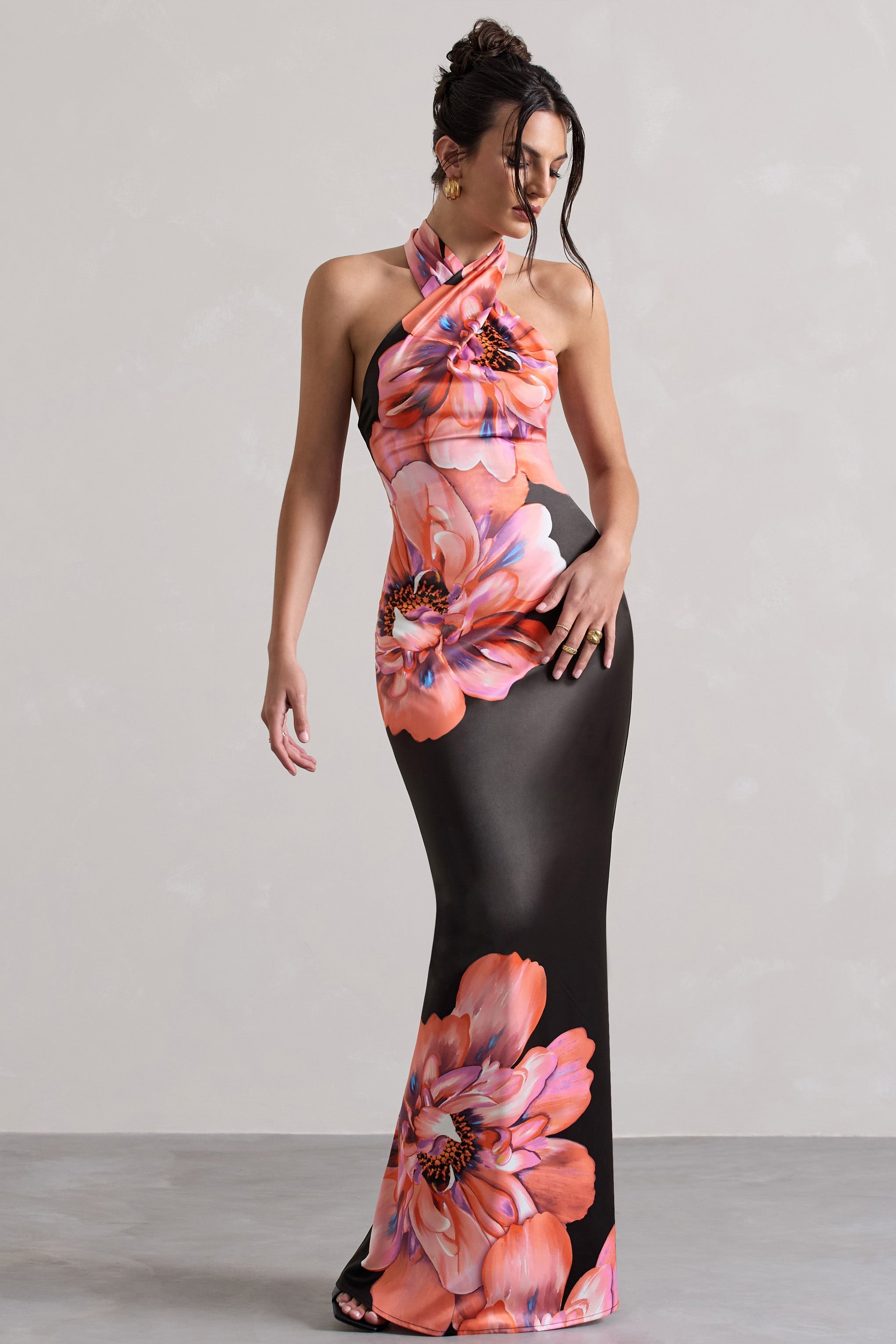 Pink Floral Satin Cross Over Halterneck Maxi Dress