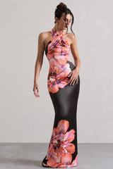 Pink Floral Satin Cross Over Halterneck Maxi Dress