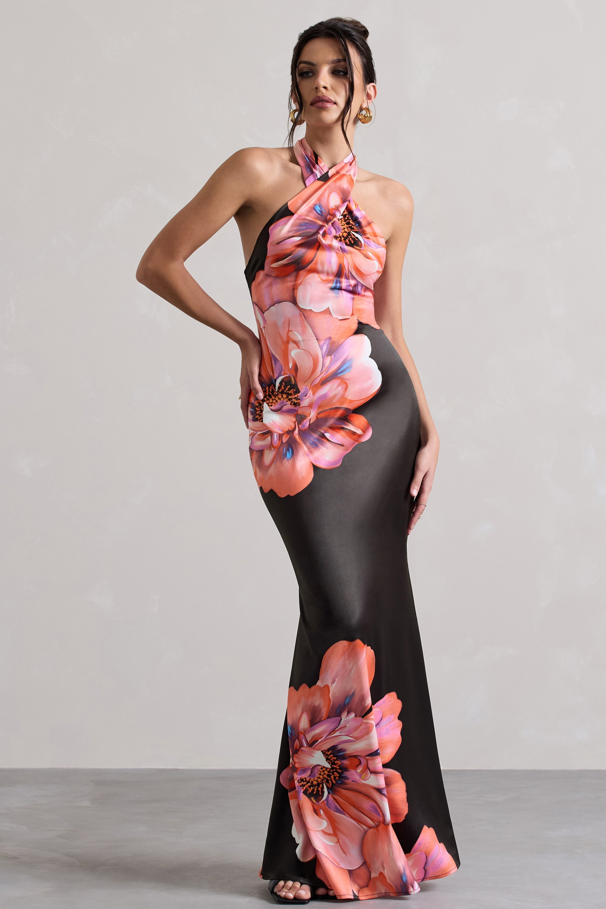 Pink Floral Satin Cross Over Halterneck Maxi Dress