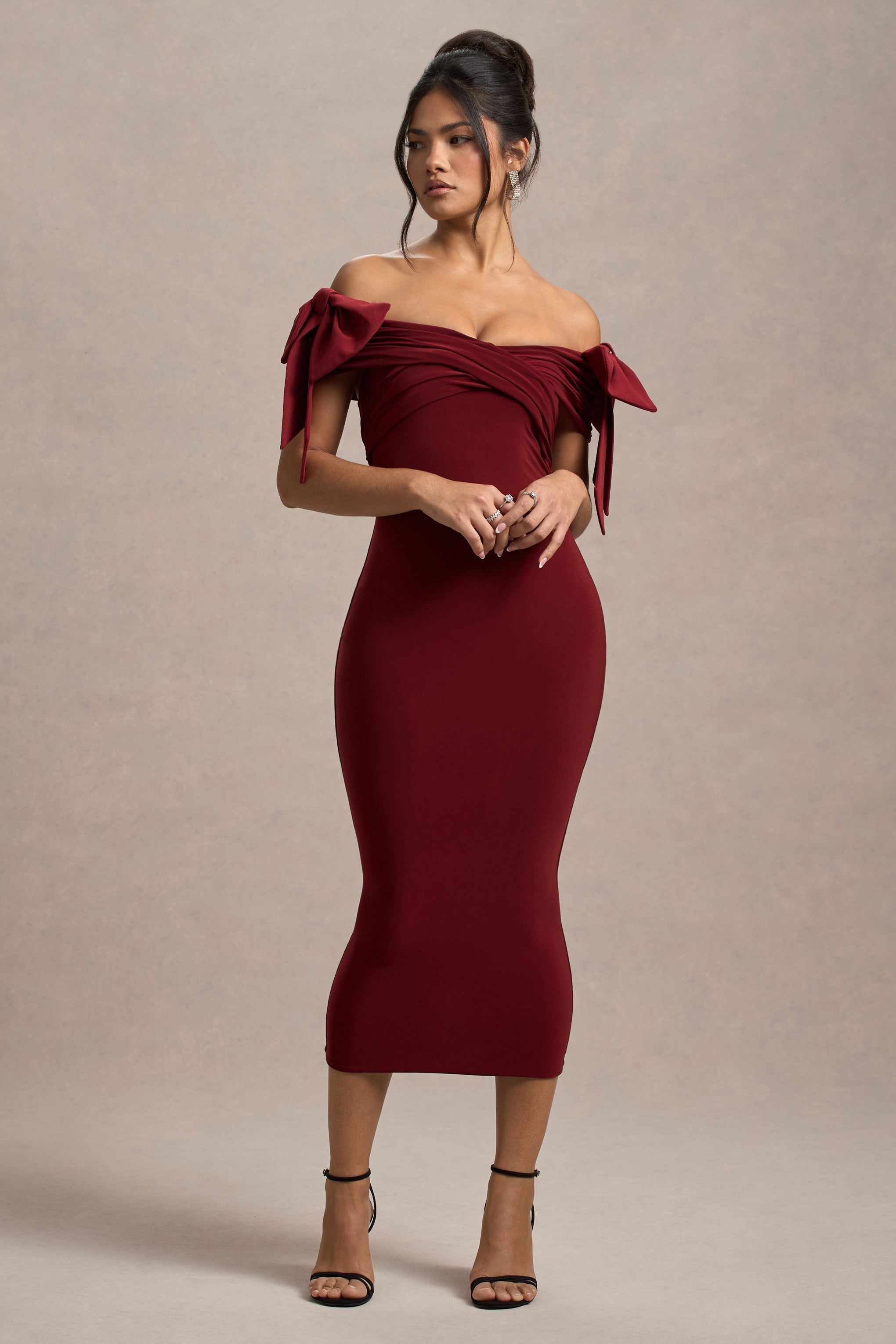 Port Bardot Midi Dress With Bows