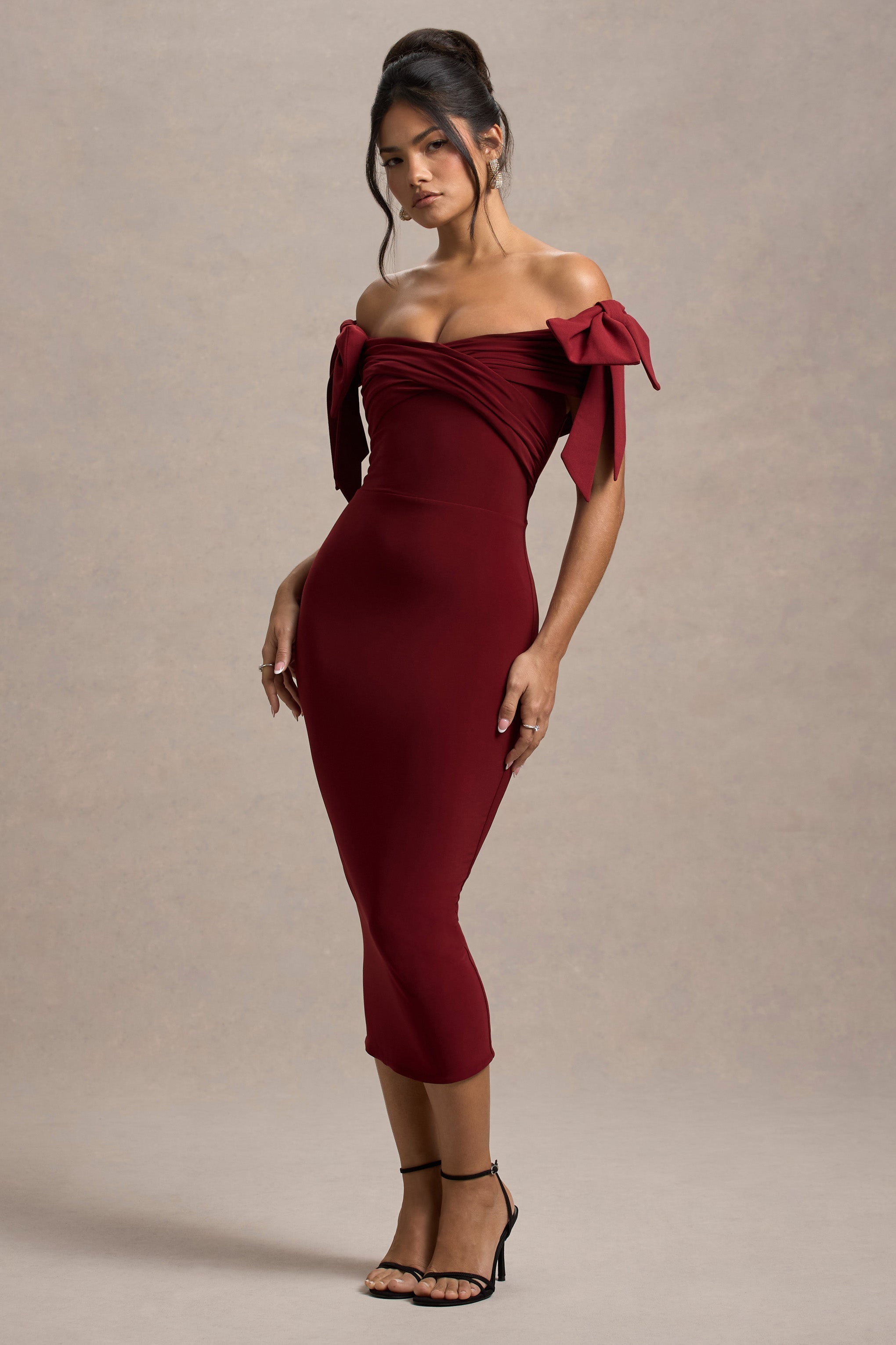 Port Bardot Midi Dress With Bows