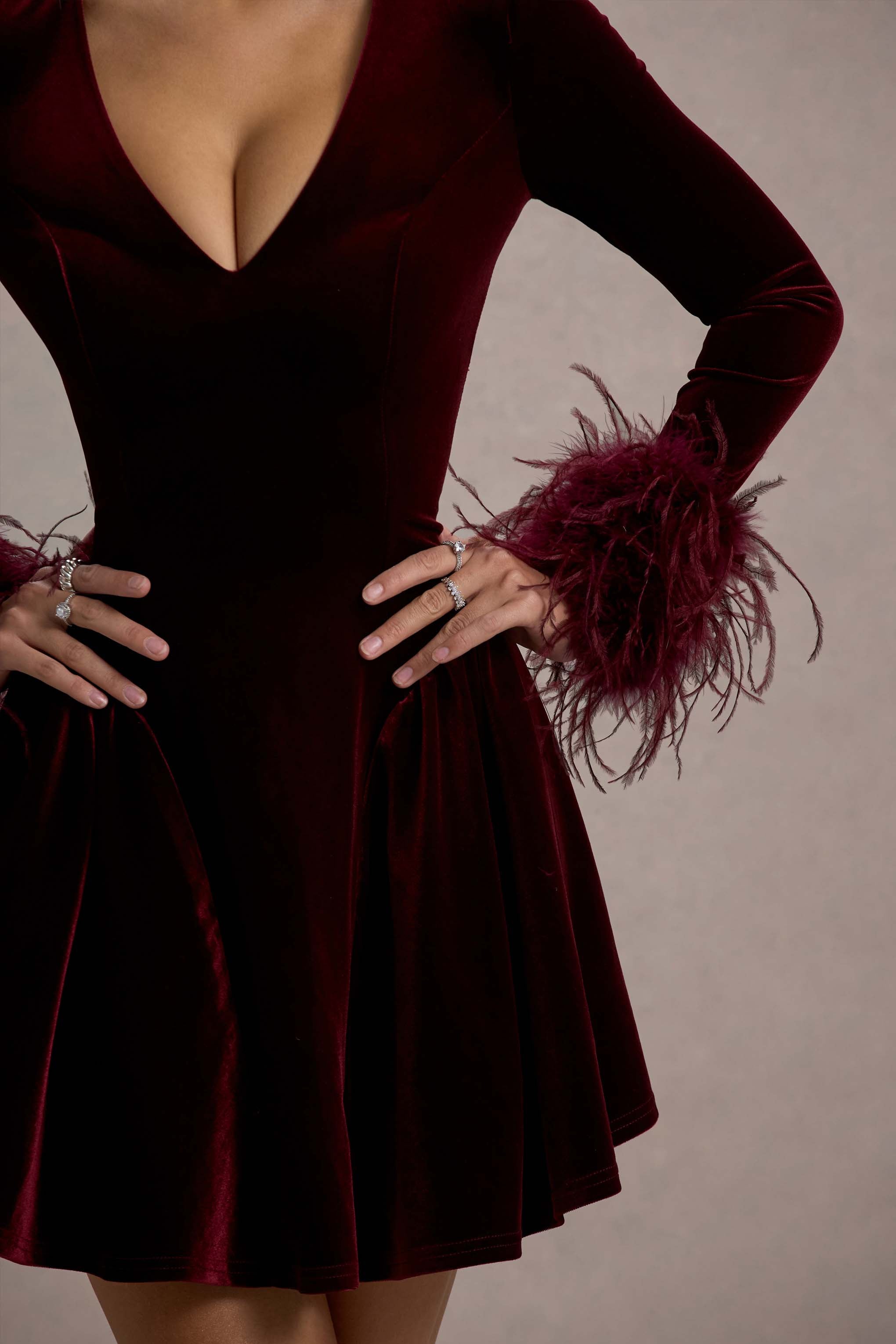 Port Velvet Plunge-Neck Feather Trim Mini Dress